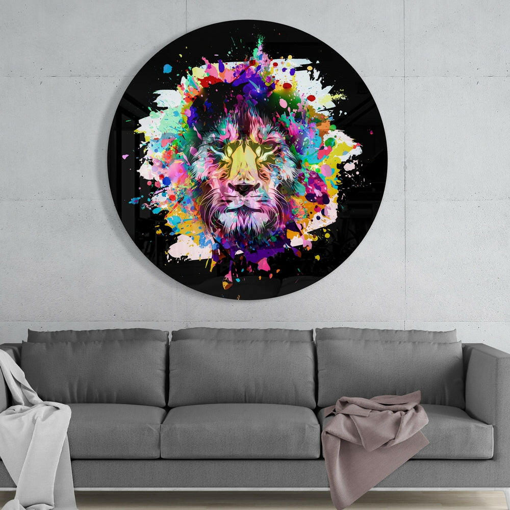 Colorful Splash Lion Round Glass Wall Art - Image 2
