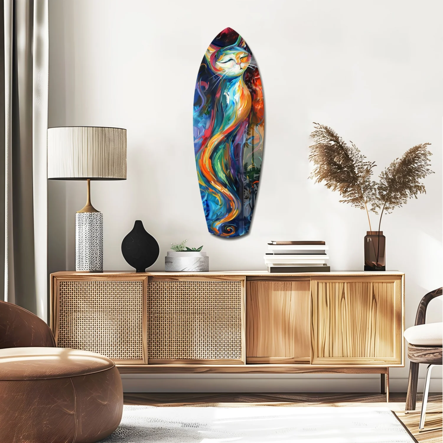 Colorful Swirl Cat Surfboard Glass Wall Art - Image 2