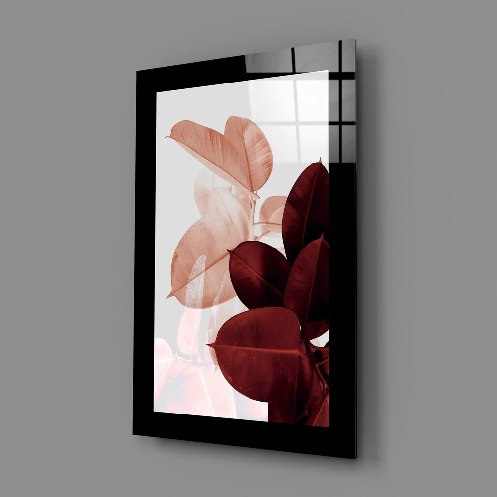 Coral Maroon Rubber Fig Leaves Glass Wall Art - Image 2