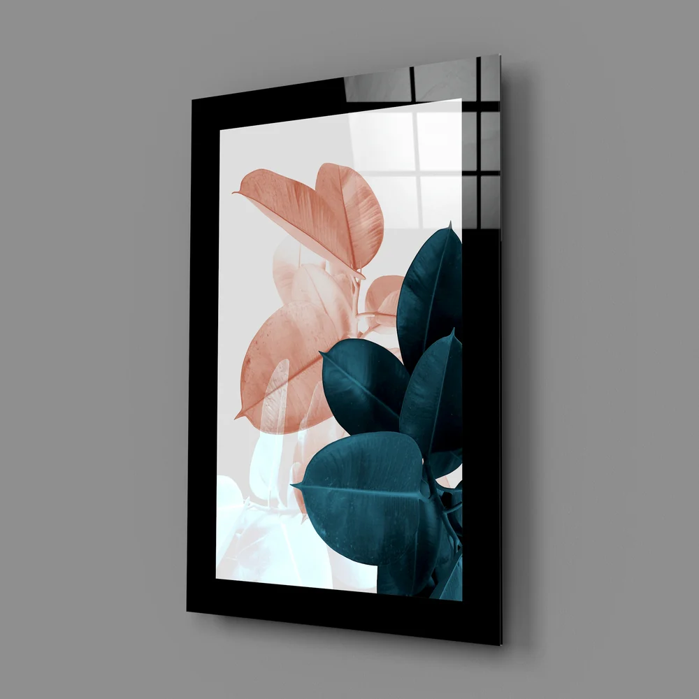 Coral Navy Rubber Fig Leaves Glass Wall Art - Image 2