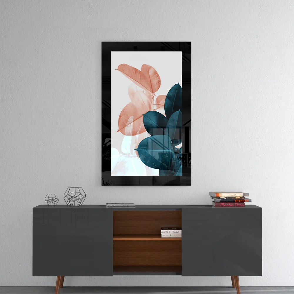Coral Navy Rubber Fig Leaves Glass Wall Art - Image 4