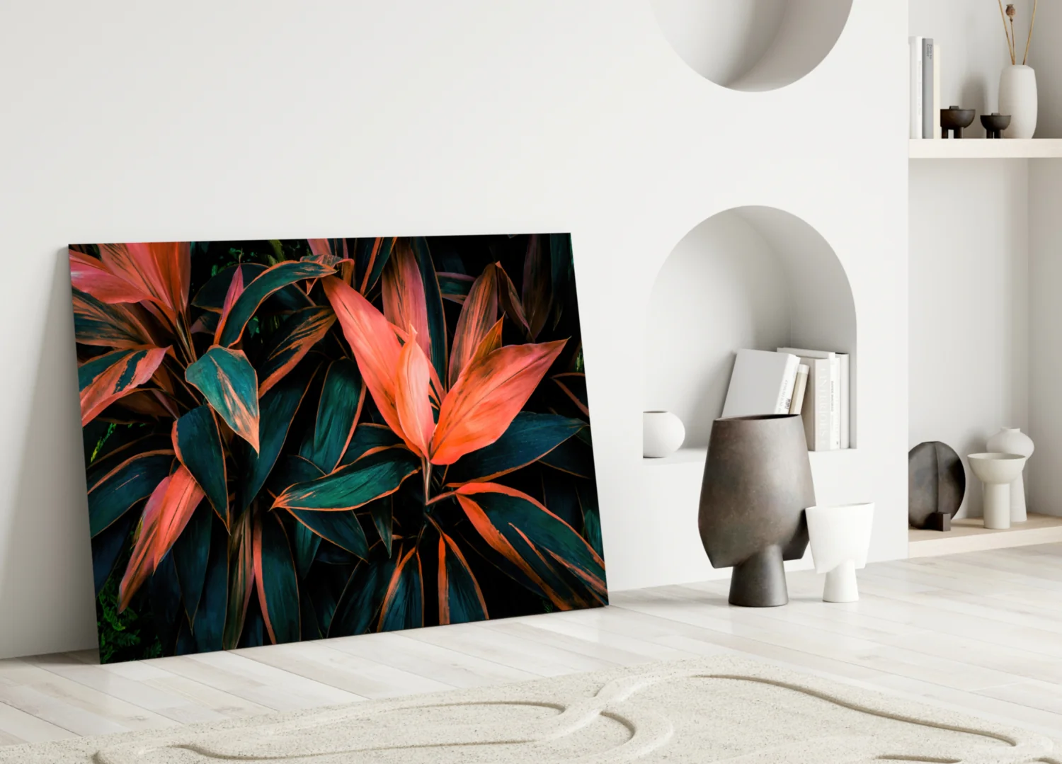 Coral Tropical Leaves Glass Wall Art - Image 4