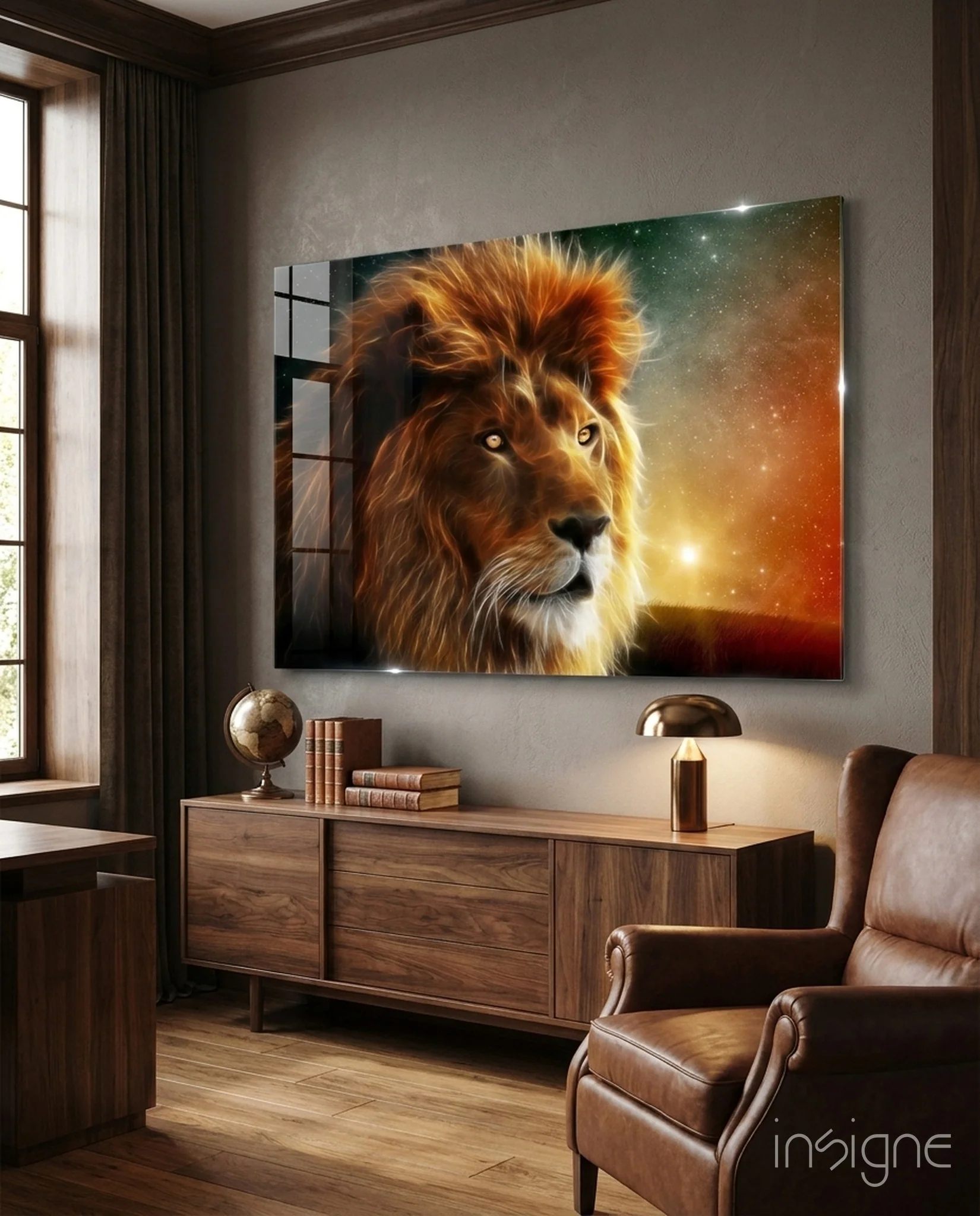 Cosmic Sunset Golden Lion Glass Wall Art