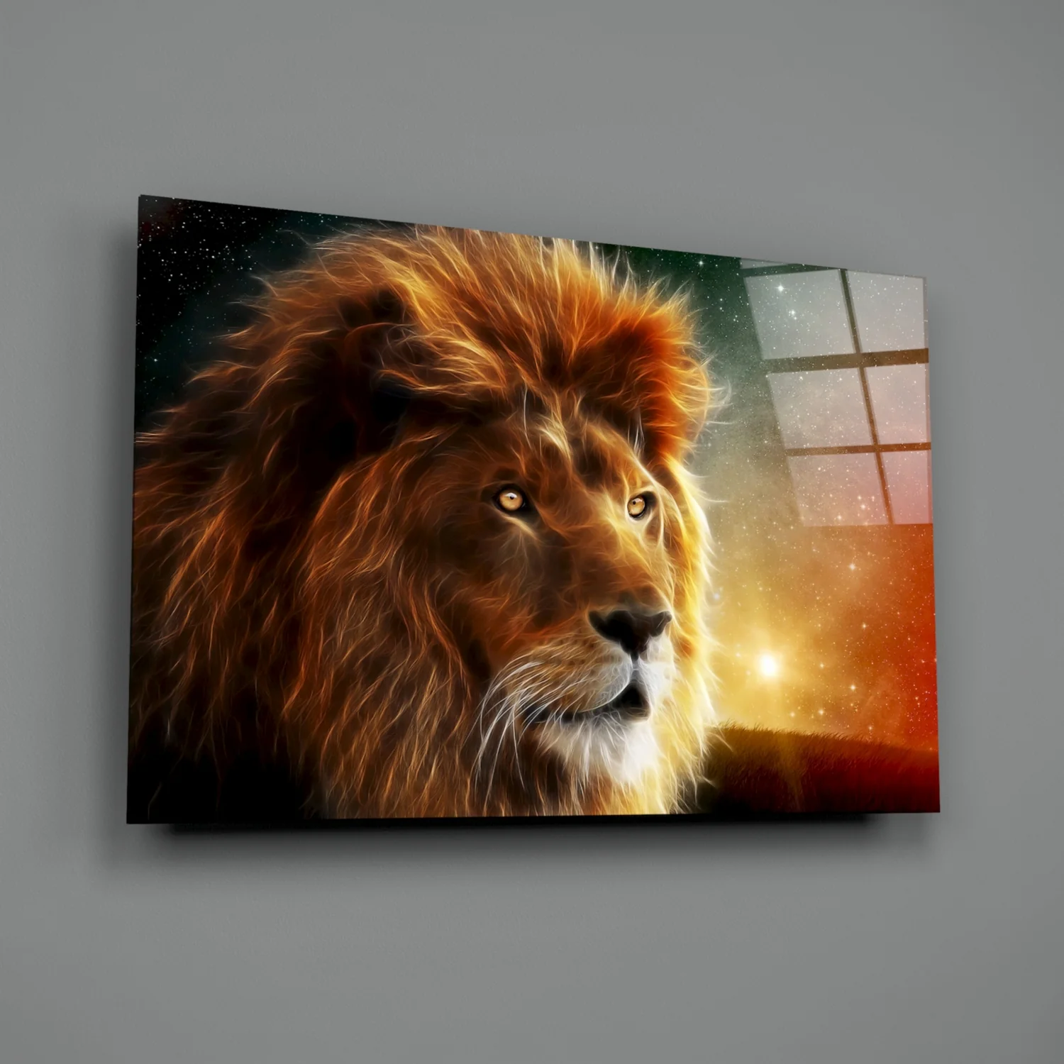Cosmic Sunset Golden Lion Glass Wall Art - Image 3