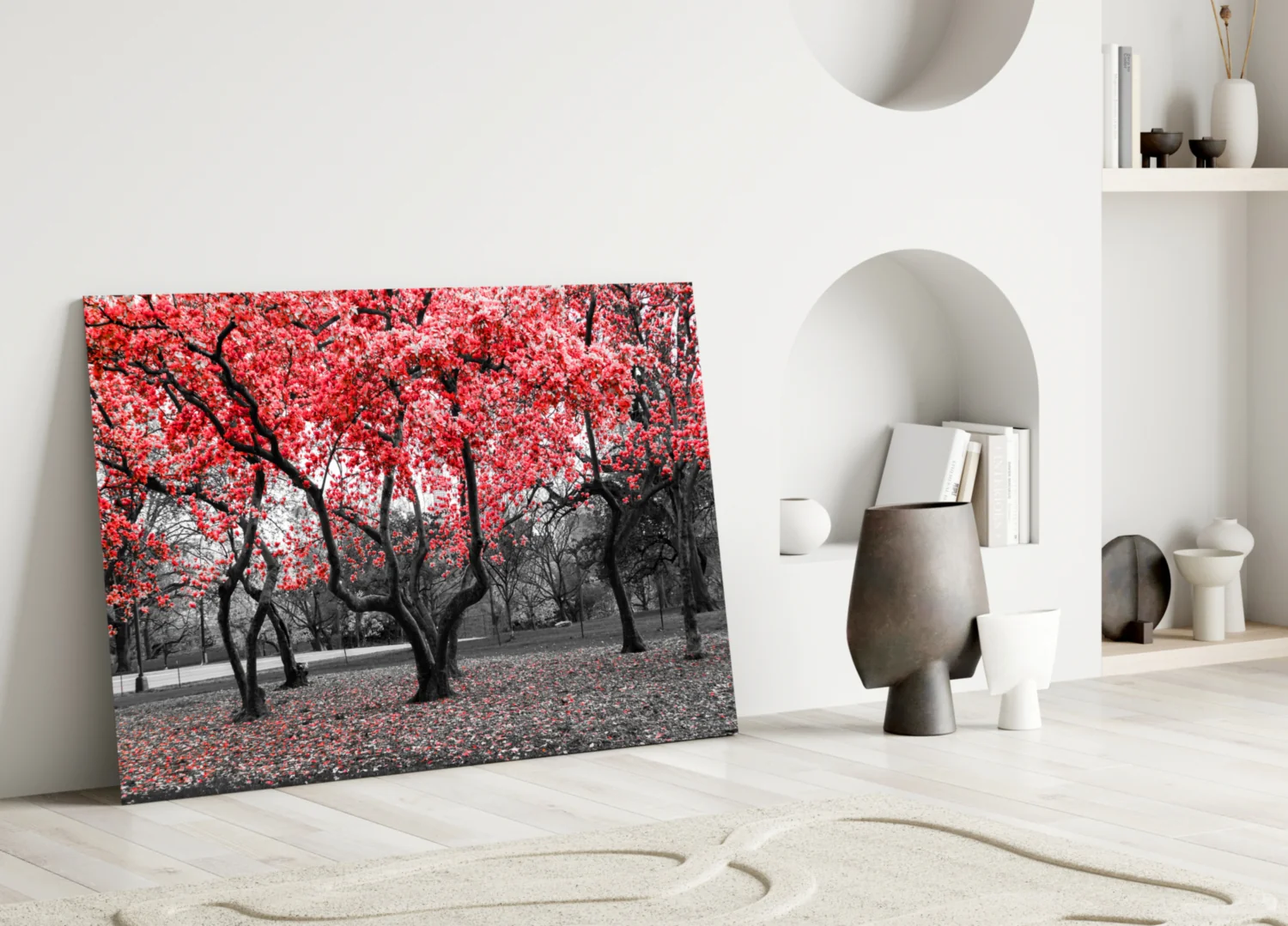 Crimson Autumn Park Trees Glass Wall Art - Image 4