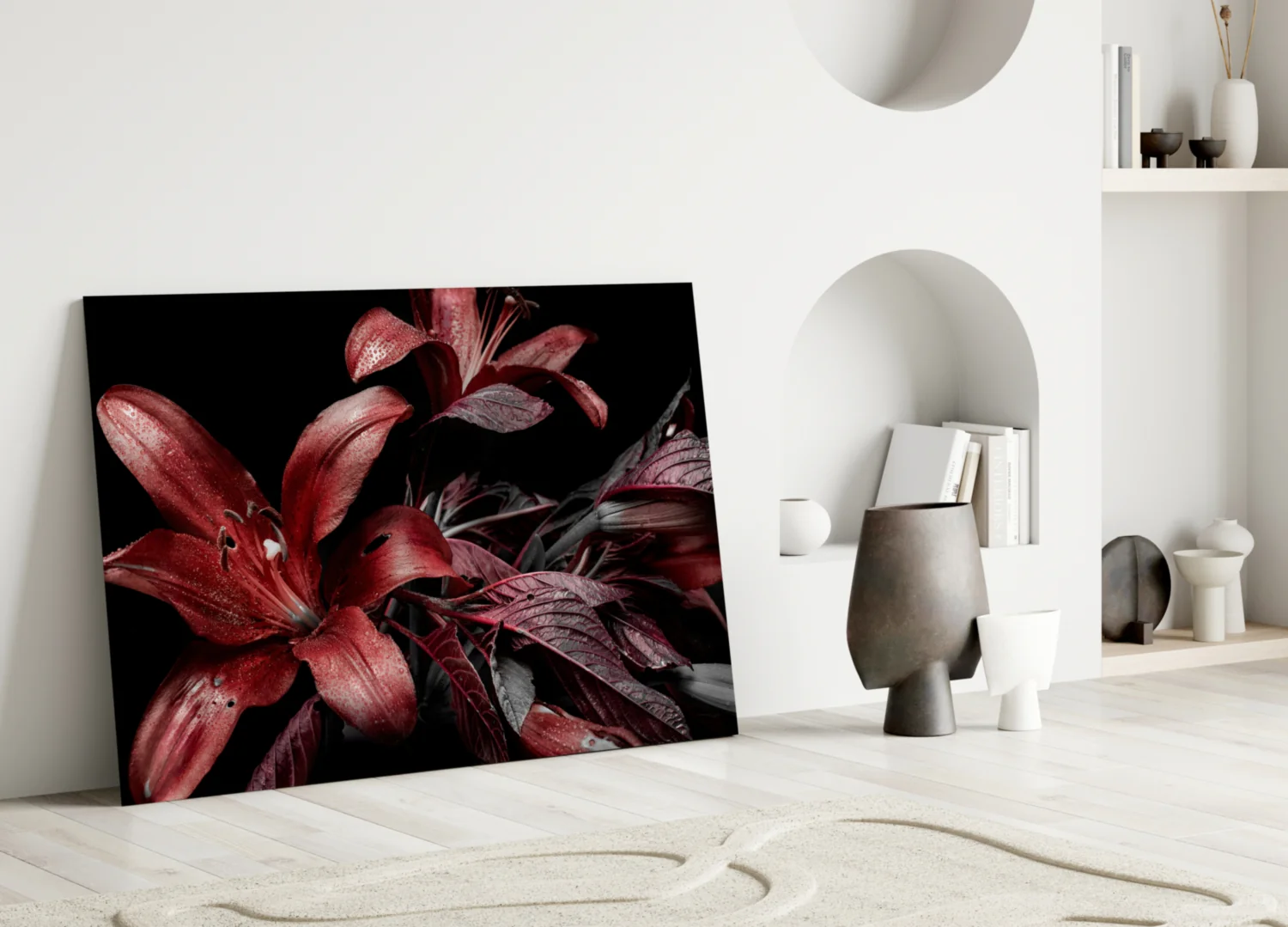 Crimson Dewy Lilies on Black Glass Wall Art - Image 3