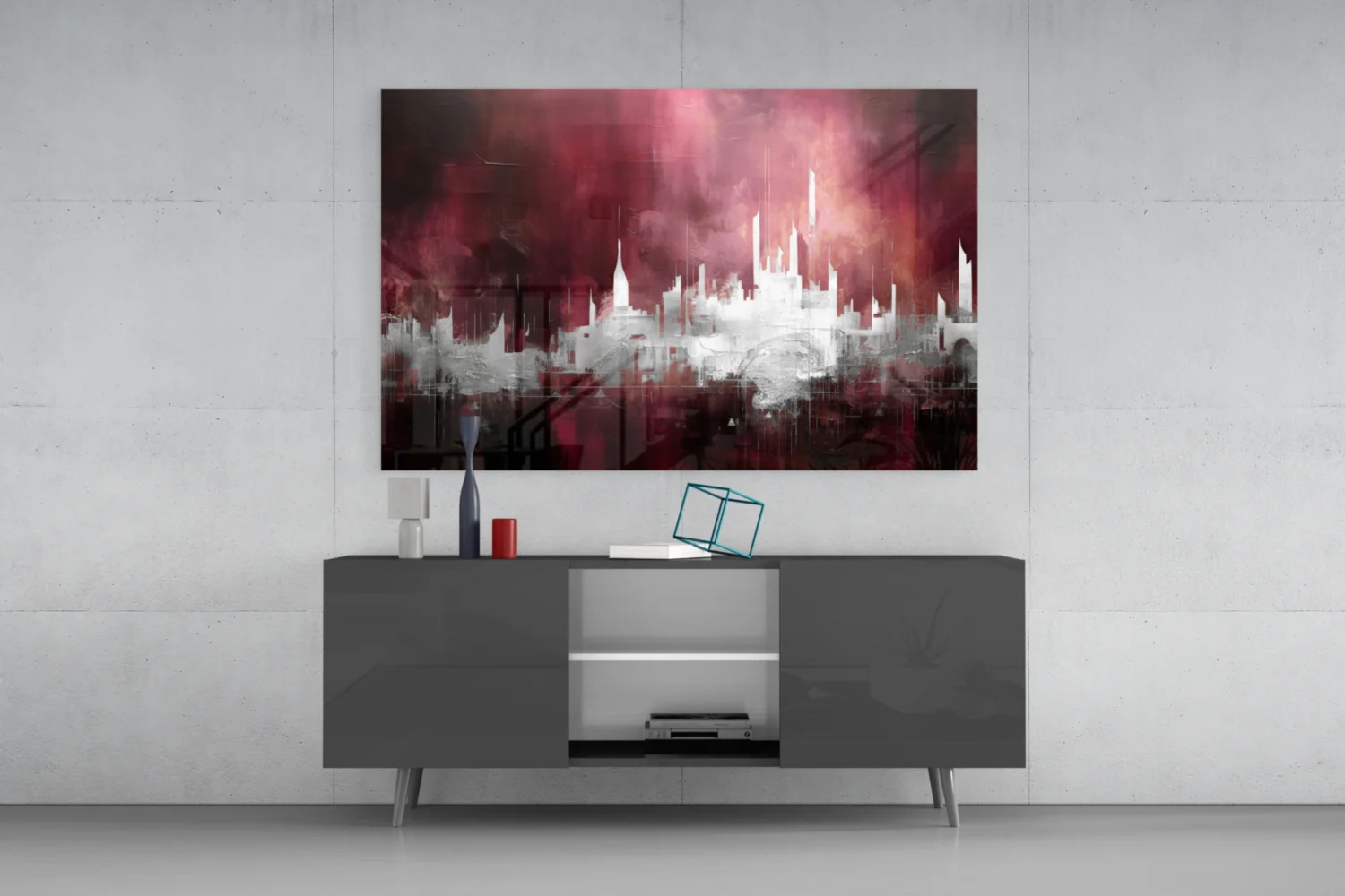 Crimson Mist Abstract Skyline Glass Wall Art - Image 8