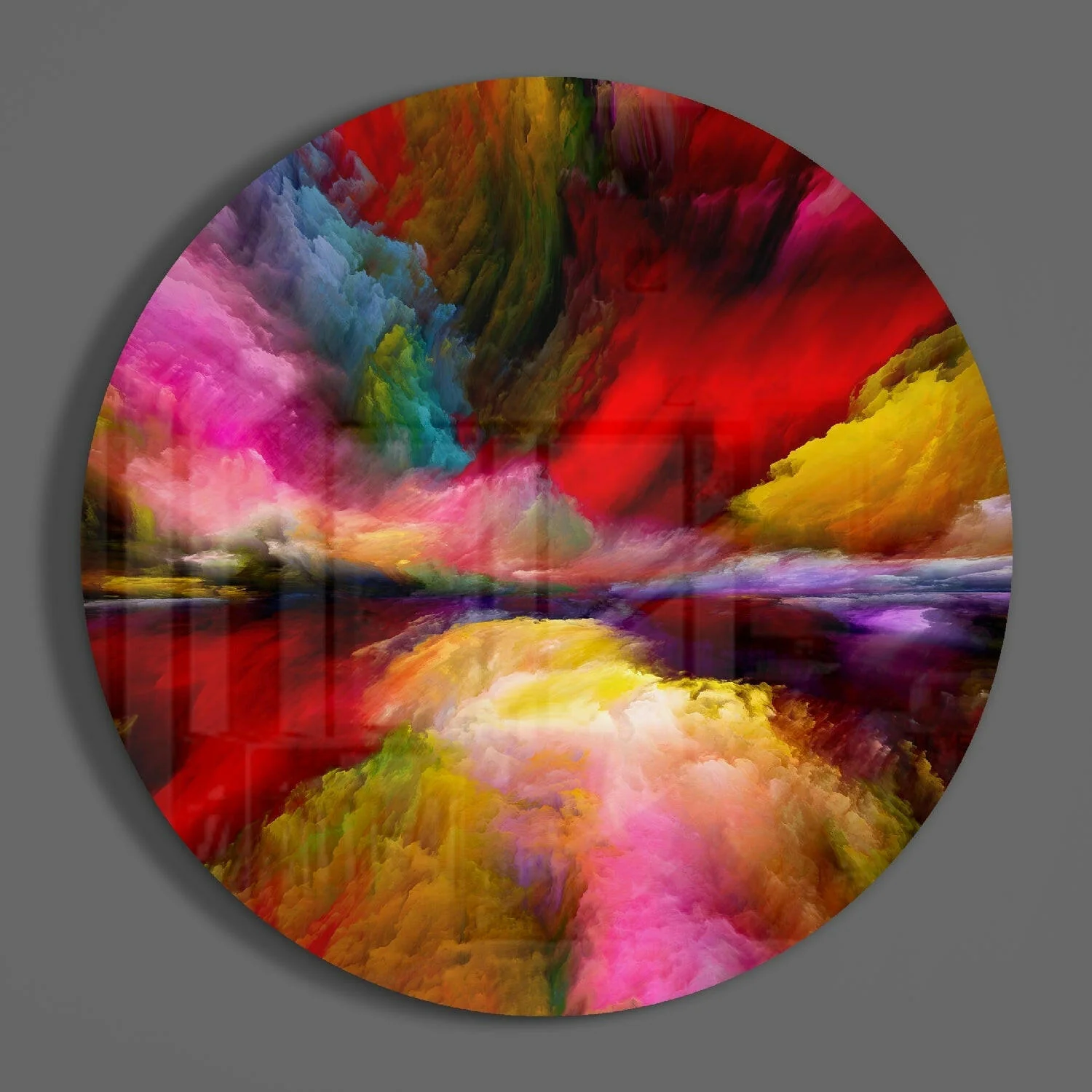 Crimson Rainbow Smoke Round Glass Wall Art - Image 3