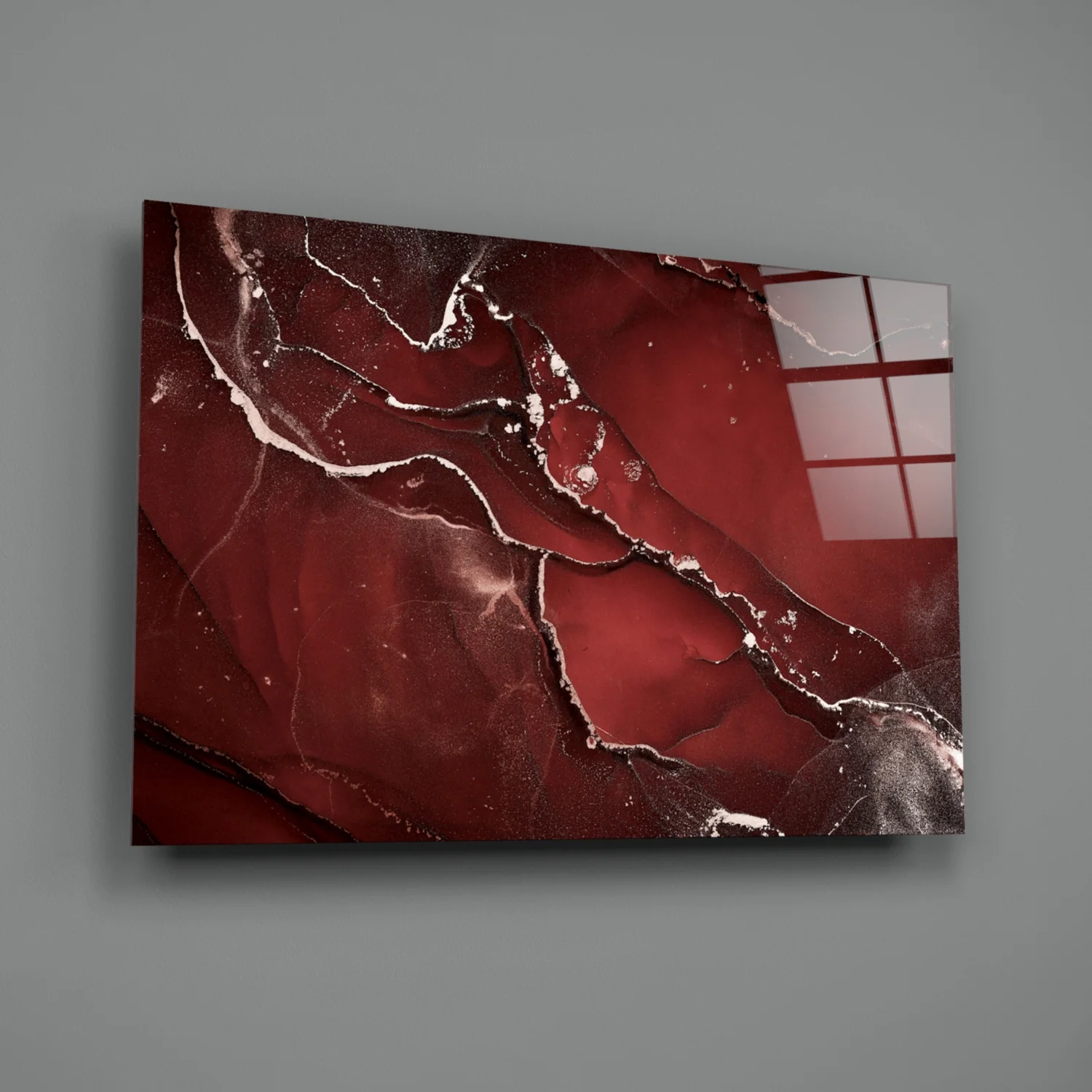 Crimson Red Veined Marble Glass Wall Art - Image 3