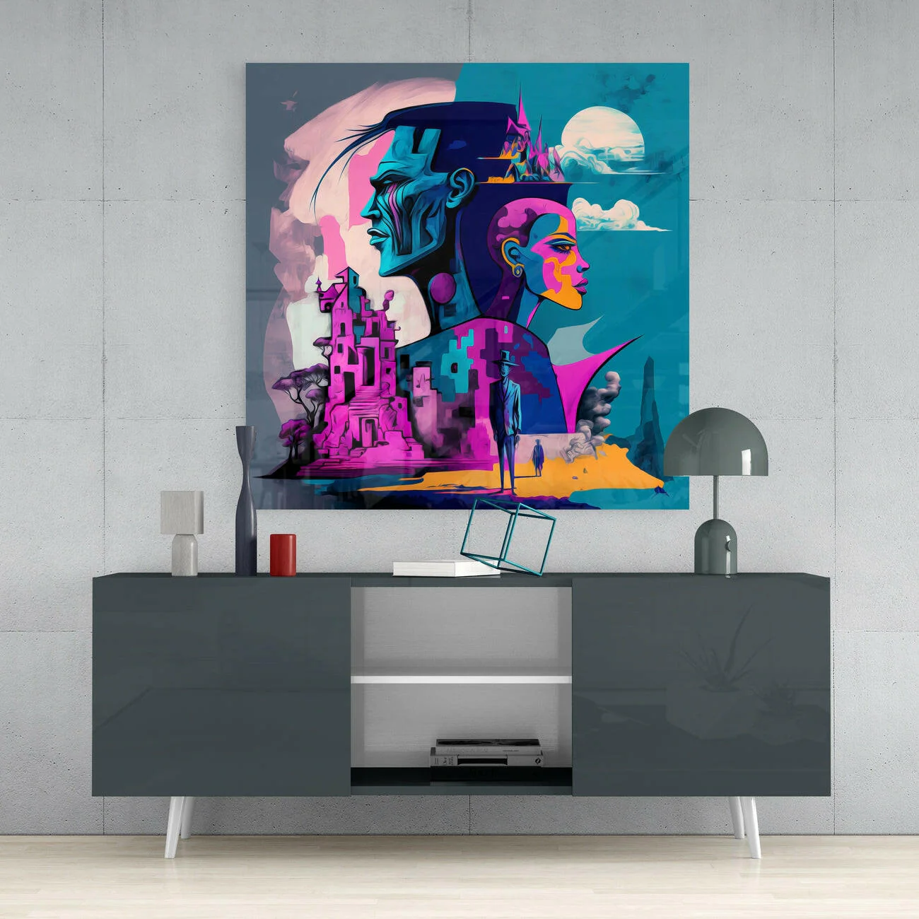 Cubist Profiles Pink Ruins Glass Wall Art - Image 4
