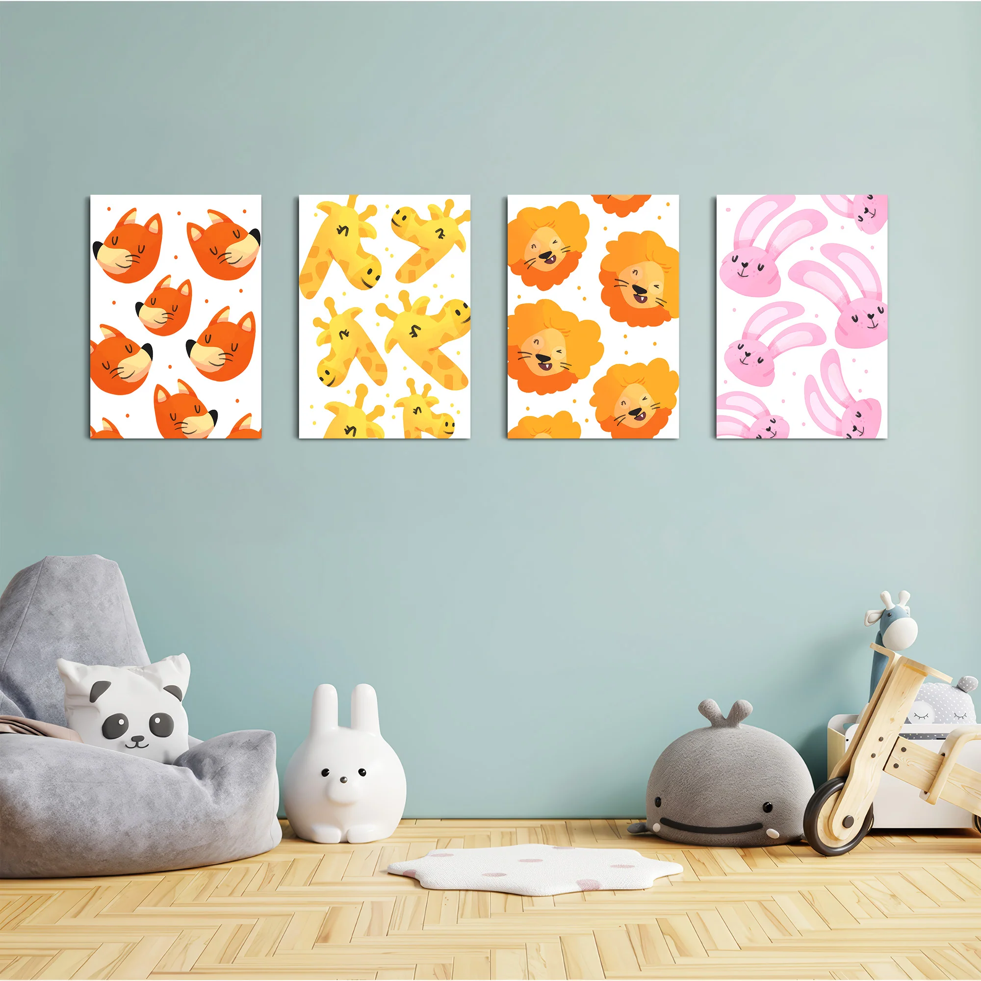 Cute Animal Faces Pattern 4 Pieces Kids Metal Wall Art - Image 4
