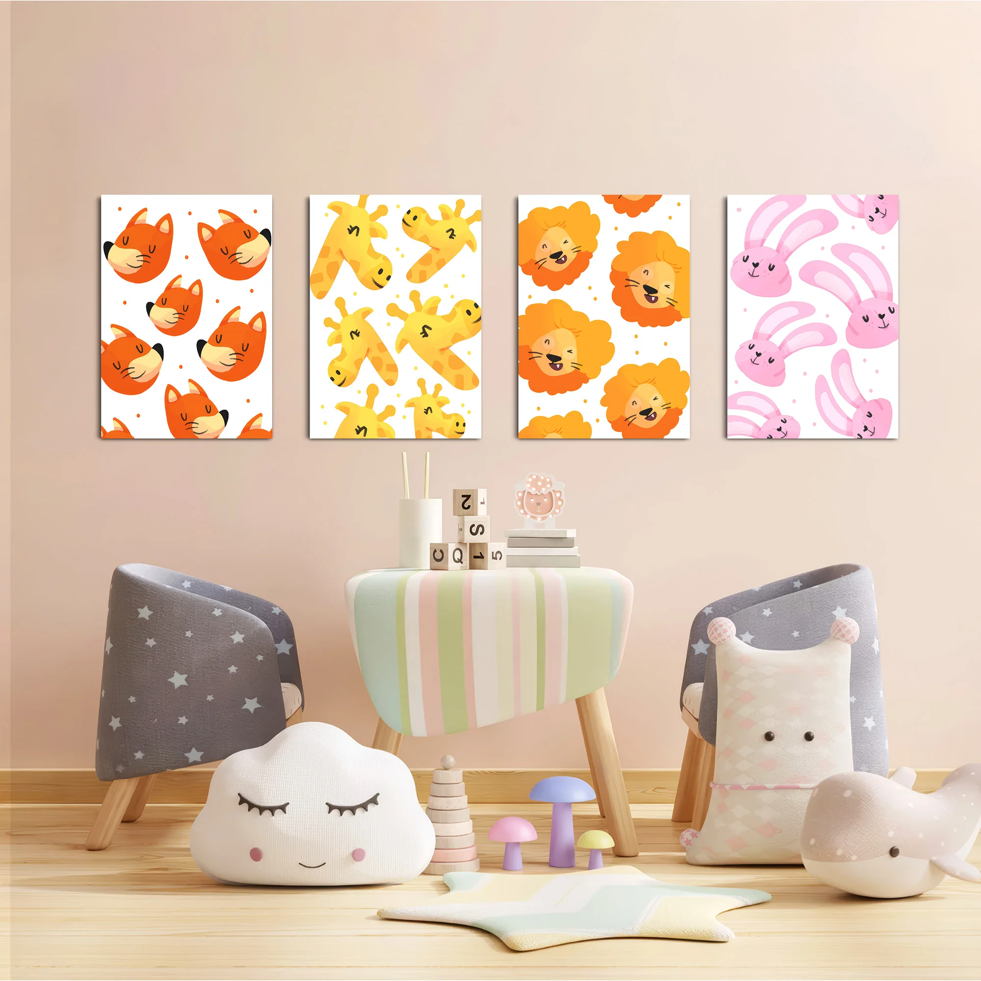 Cute Animal Faces Pattern 4 Pieces Kids Metal Wall Art - Image 6