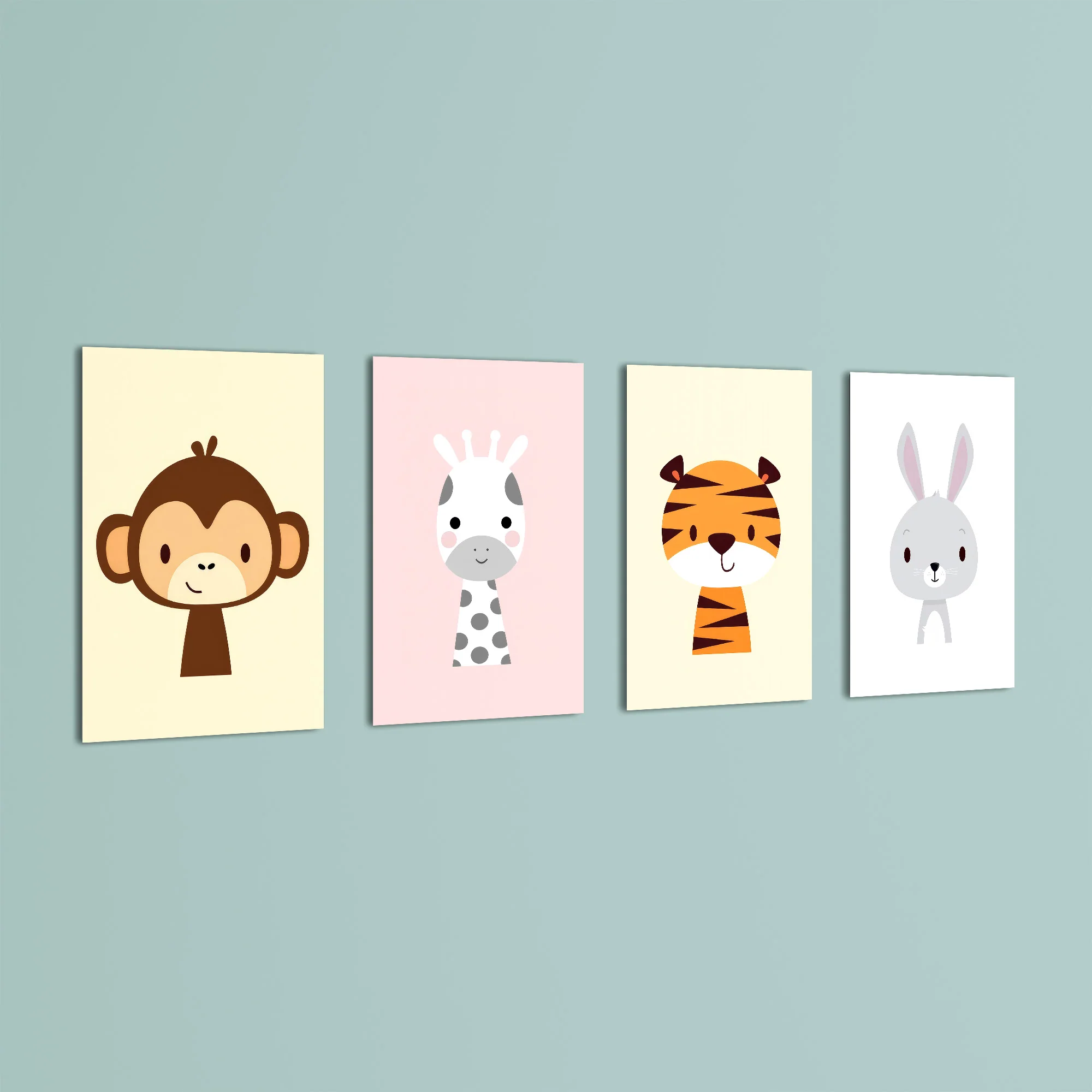 Cute Baby Animals Monkey Giraffe Tiger 4 Pieces Kids Metal Wall Art