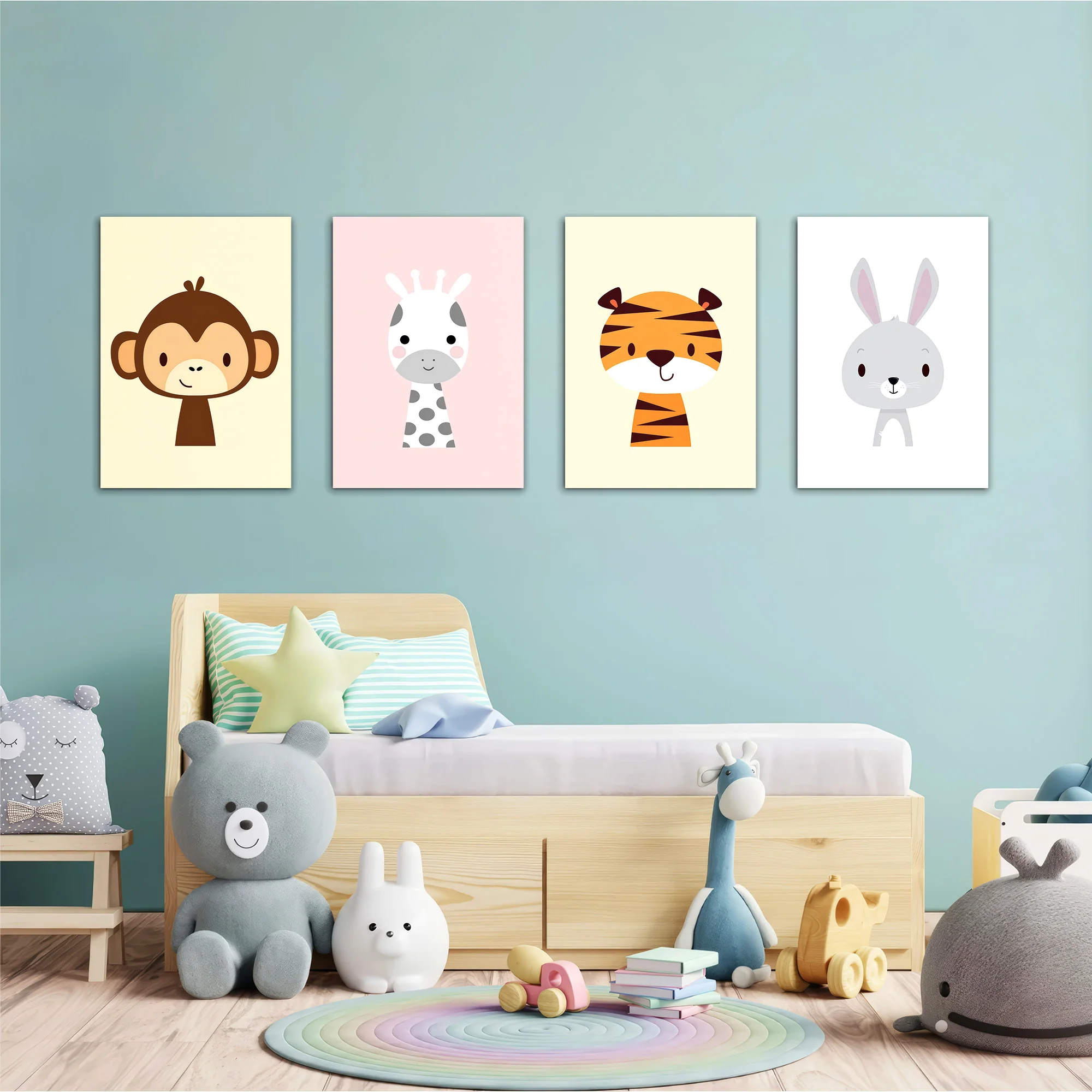 Cute Baby Animals Monkey Giraffe Tiger 4 Pieces Kids Metal Wall Art - Image 2