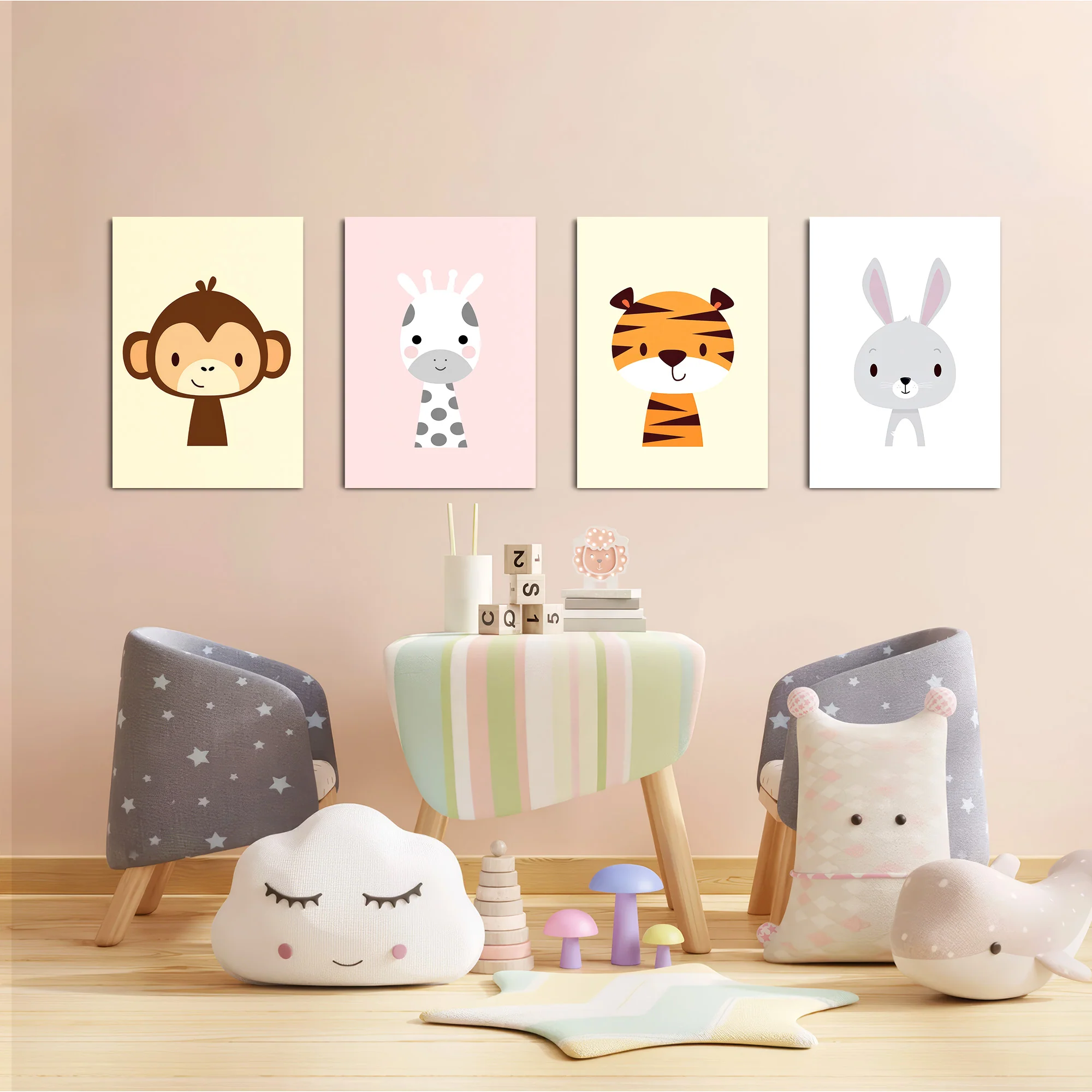 Cute Baby Animals Monkey Giraffe Tiger 4 Pieces Kids Metal Wall Art - Image 6