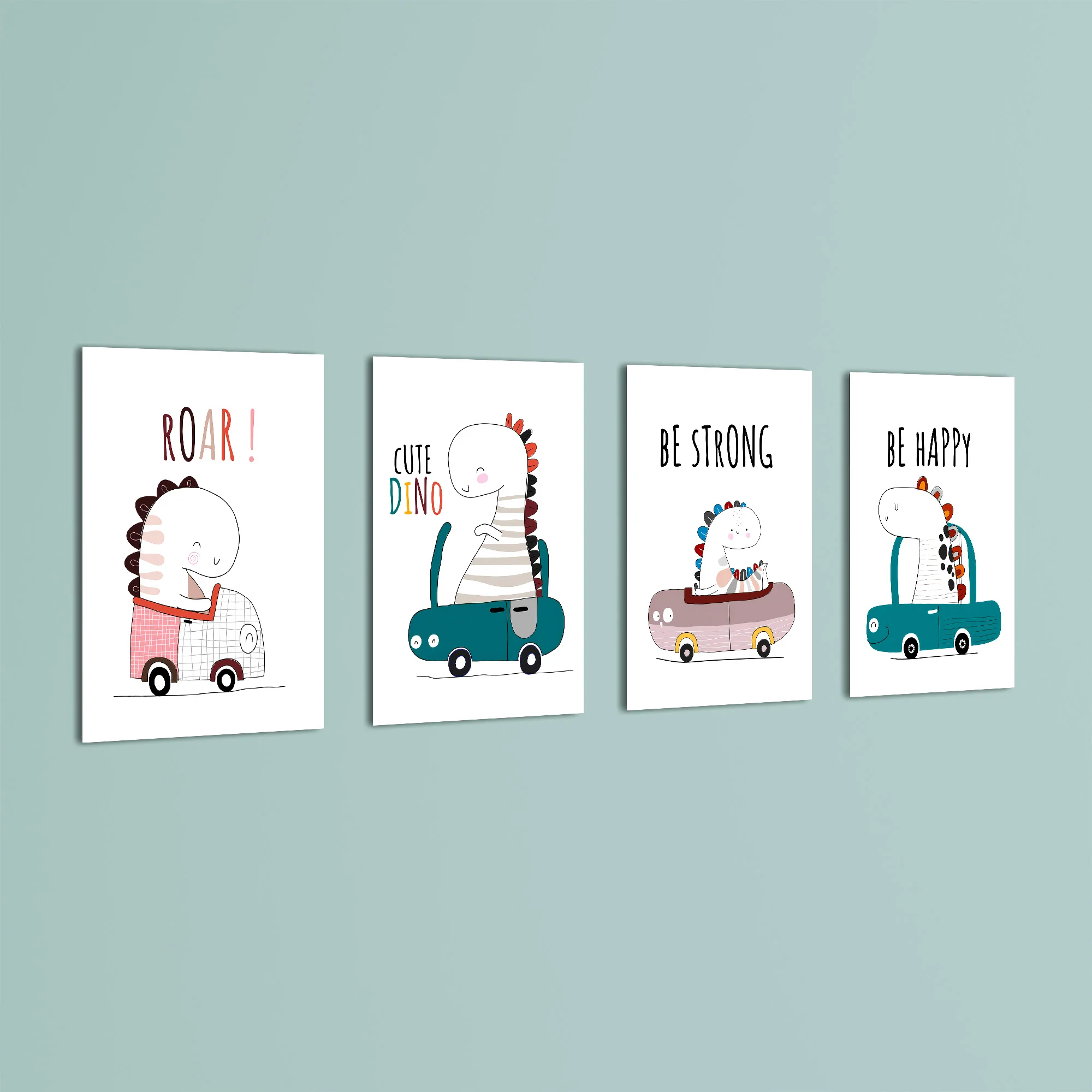 Cute Dinos in Cars 4 Pieces Kids Metal Wall Art