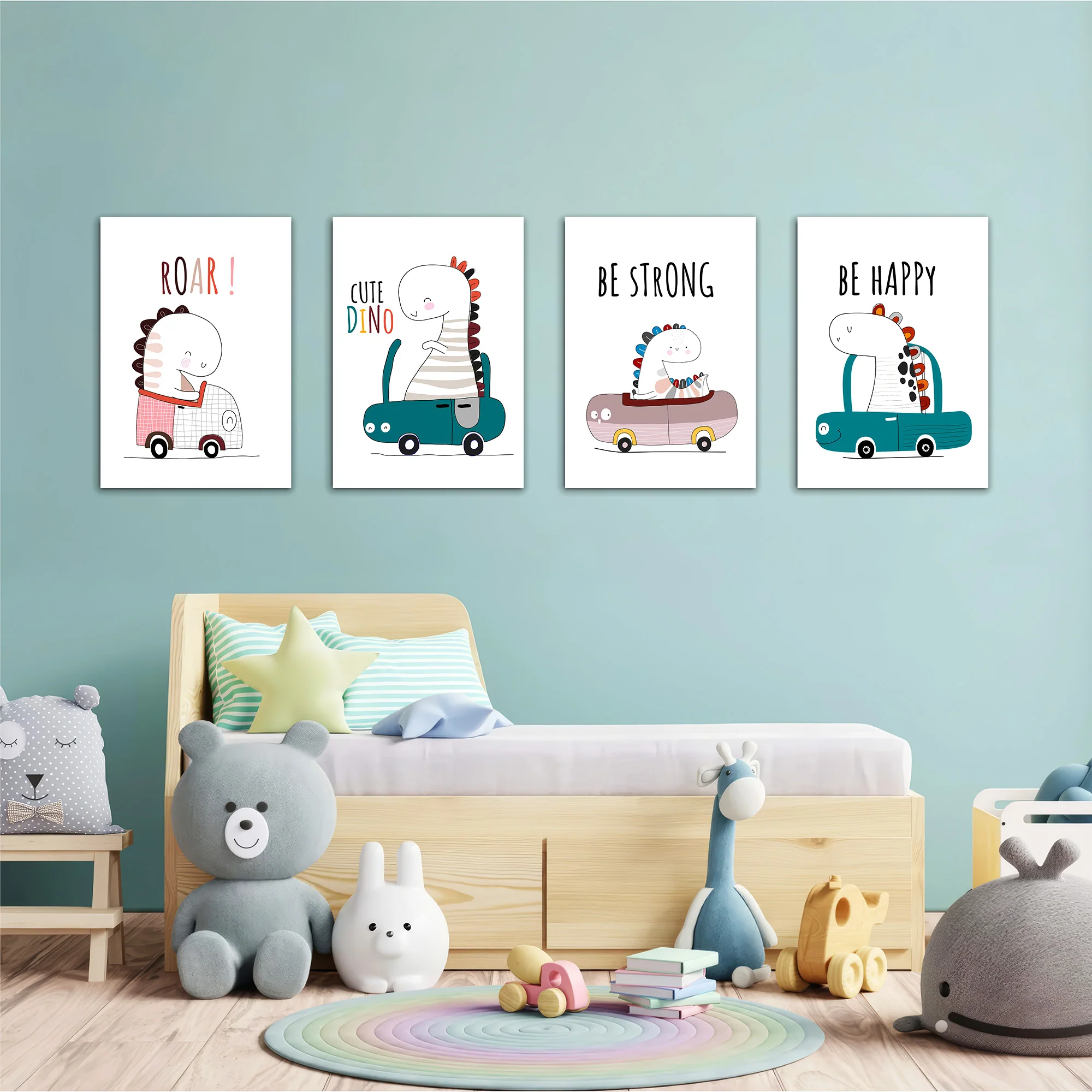 Cute Dinos in Cars 4 Pieces Kids Metal Wall Art - Image 2