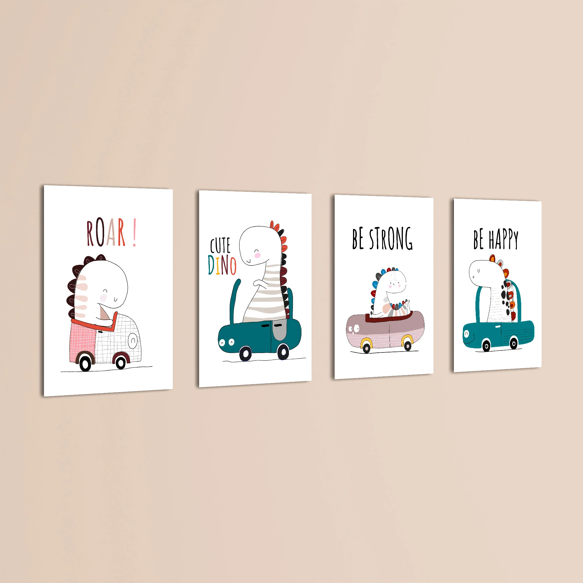 Cute Dinos in Cars 4 Pieces Kids Metal Wall Art - Image 3