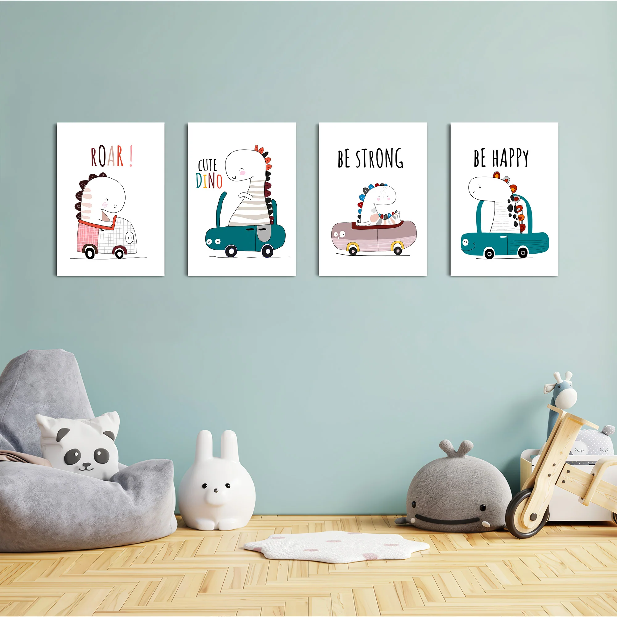 Cute Dinos in Cars 4 Pieces Kids Metal Wall Art - Image 4