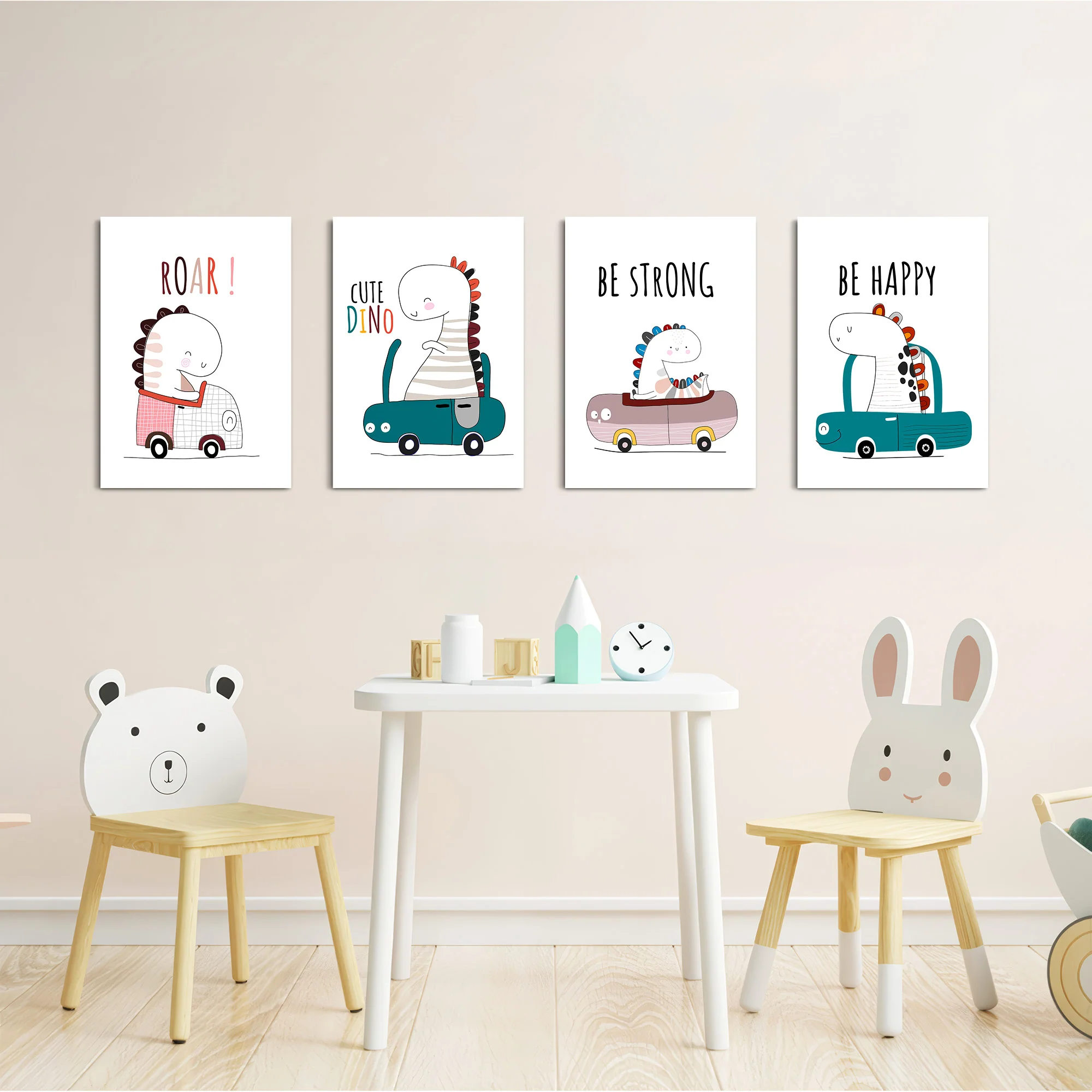 Cute Dinos in Cars 4 Pieces Kids Metal Wall Art - Image 5