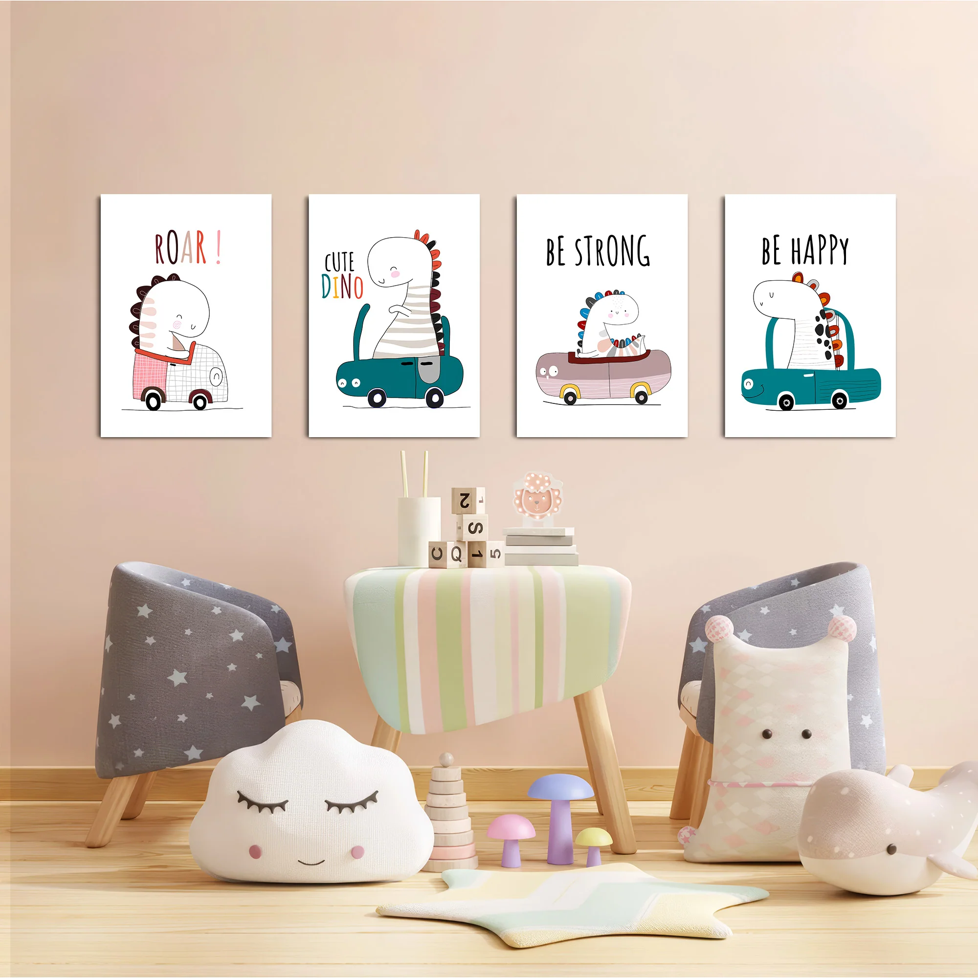 Cute Dinos in Cars 4 Pieces Kids Metal Wall Art - Image 6