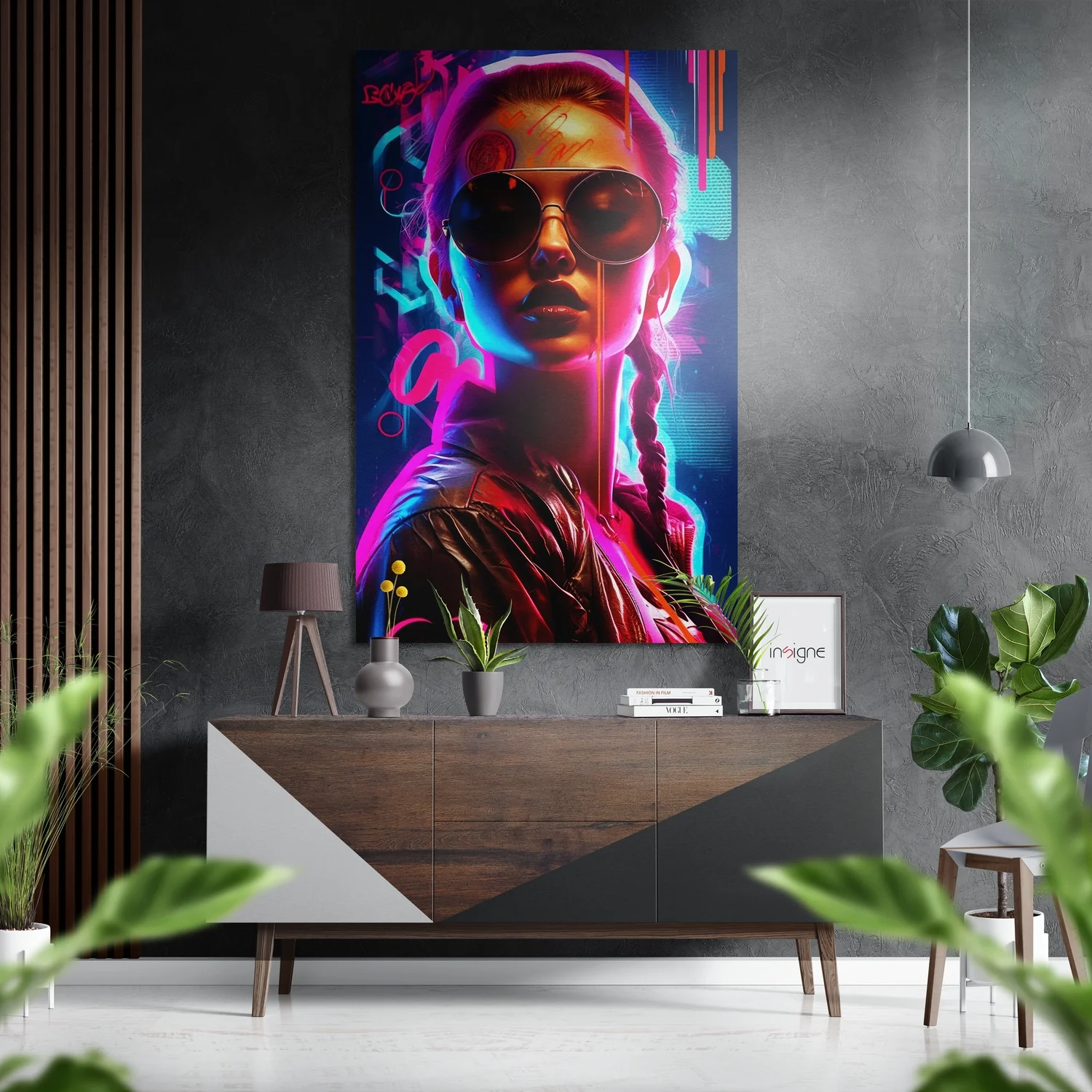 Cyberpunk Braid Neon Woman Brushed Aluminum Dibond Wall Art