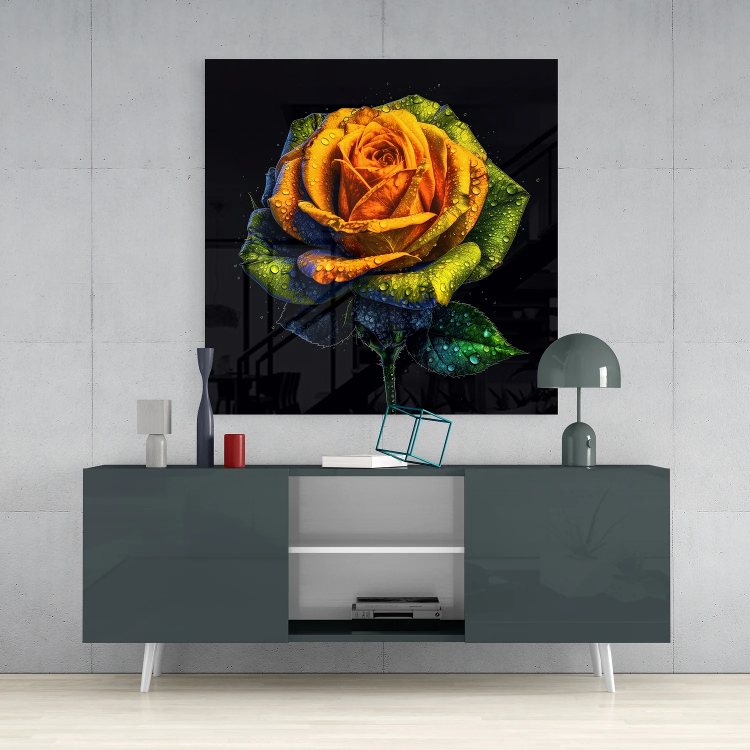 Dewdrop Golden Rose Black Glass Wall Art - Image 4
