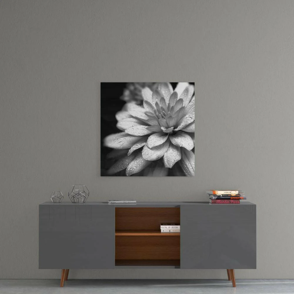 Dewy Monochrome Dahlia Glass Wall Art - Image 5