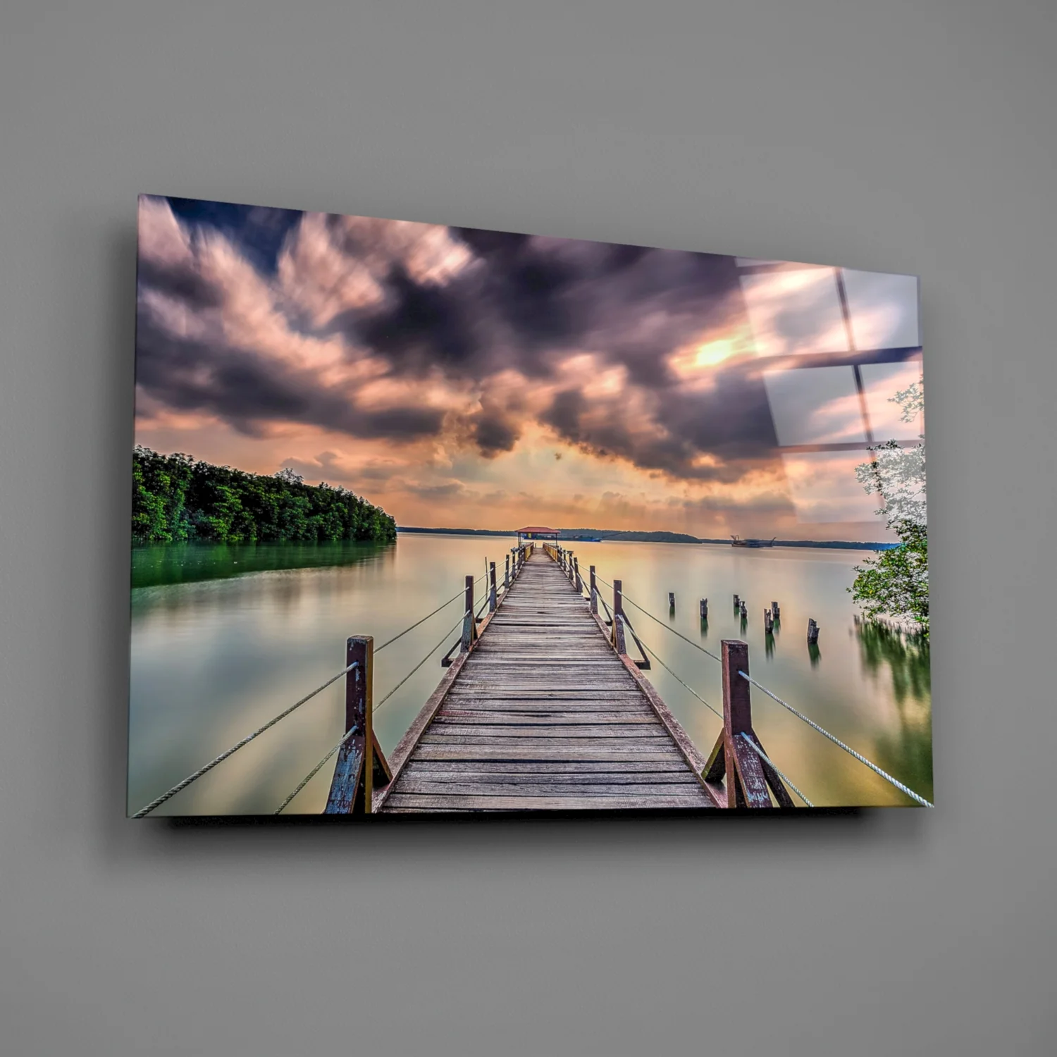 Dramatic Clouds Forest Lake Pier Glass Wall Art - Image 2