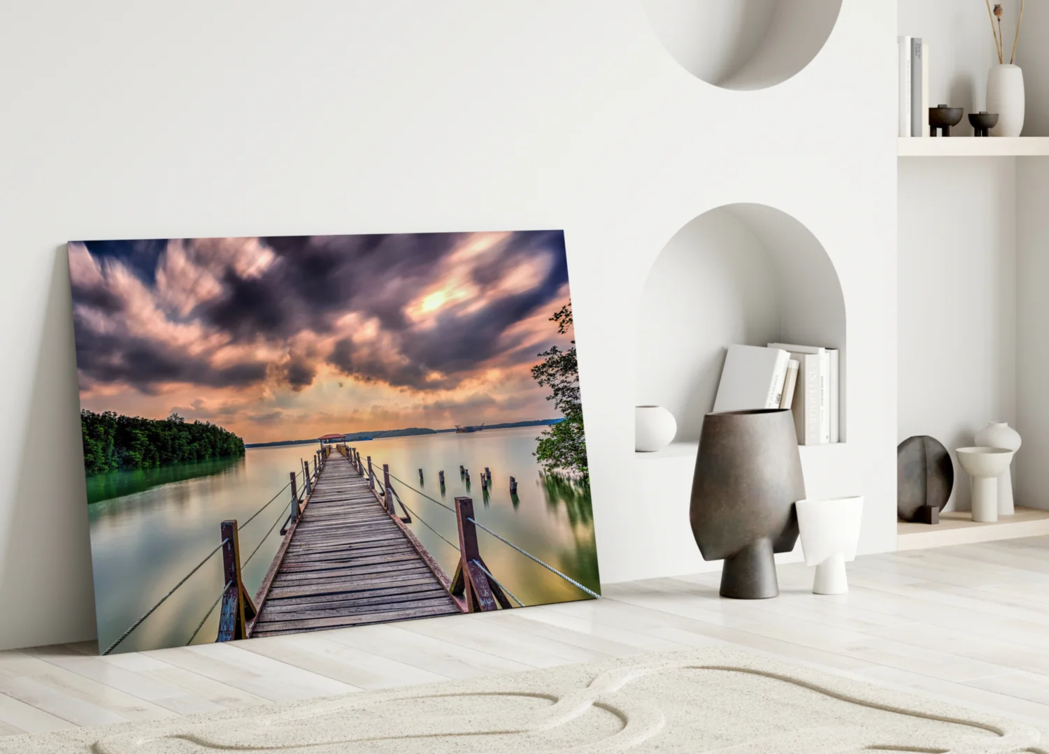 Dramatic Clouds Forest Lake Pier Glass Wall Art - Image 3