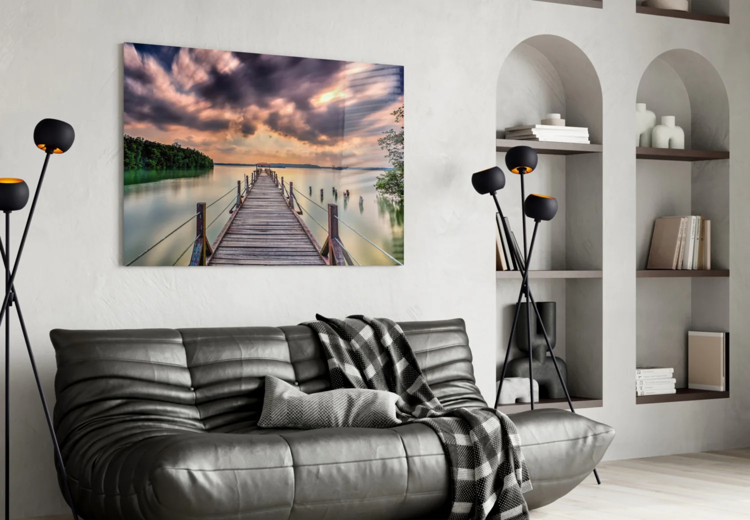 Dramatic Clouds Forest Lake Pier Glass Wall Art - Image 4