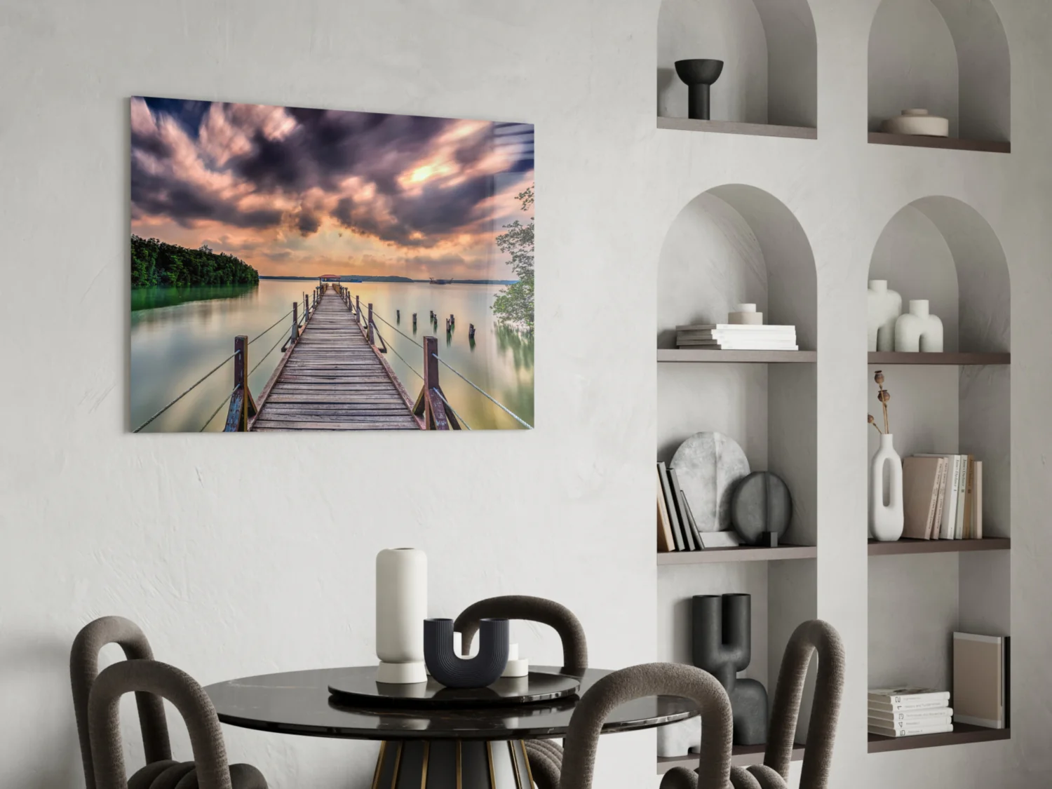 Dramatic Clouds Forest Lake Pier Glass Wall Art - Image 5