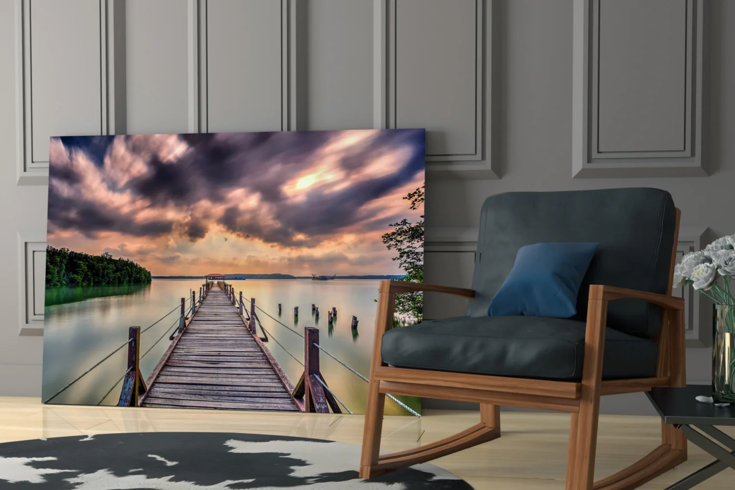 Dramatic Clouds Forest Lake Pier Glass Wall Art - Image 6