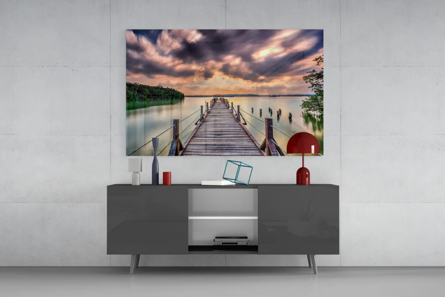 Dramatic Clouds Forest Lake Pier Glass Wall Art - Image 8