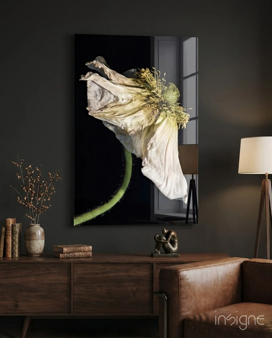Dried White Poppy Stem Glass Wall Art