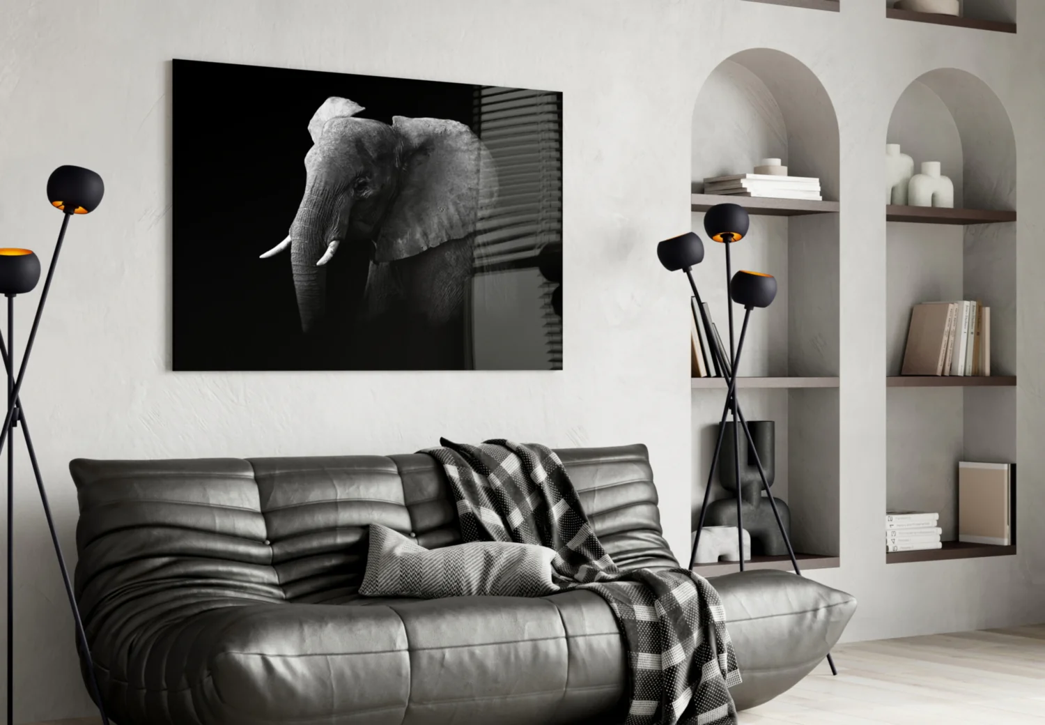 Ear Detail Black and White Elephant Glass Wall Art - Image 4