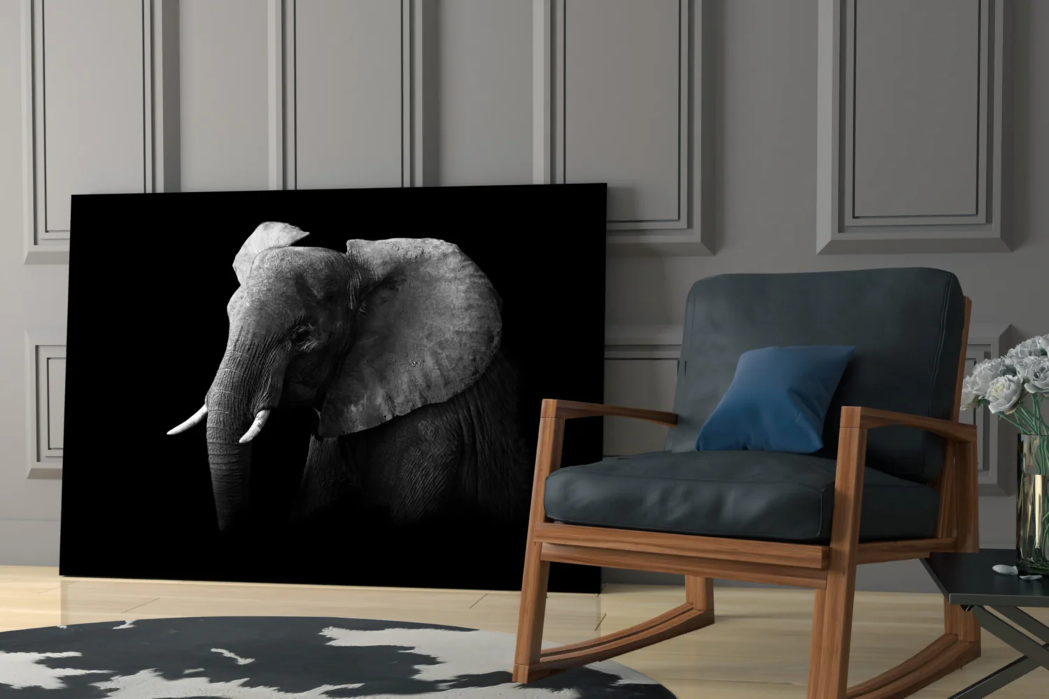 Ear Detail Black and White Elephant Glass Wall Art - Image 6
