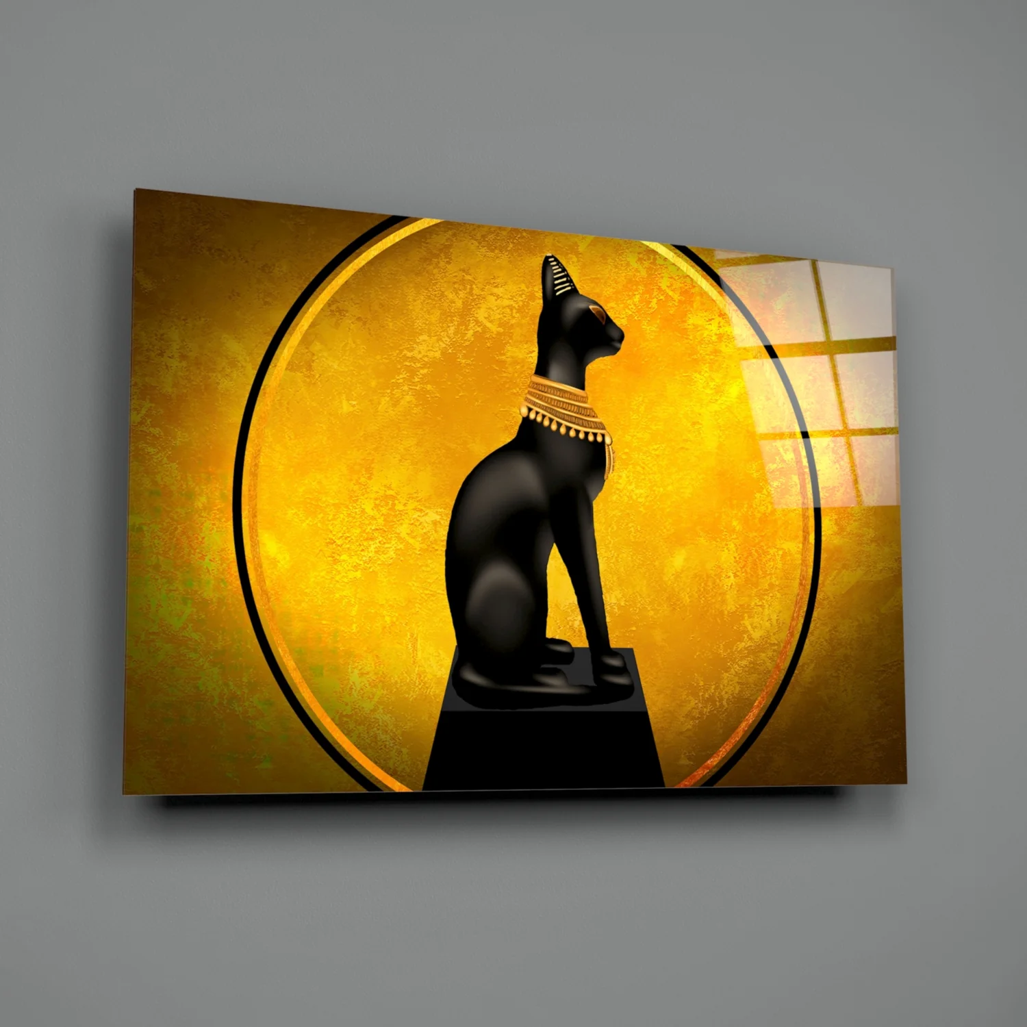 Egyptian Cat Statue Gold Moon Glass Wall Art - Image 3