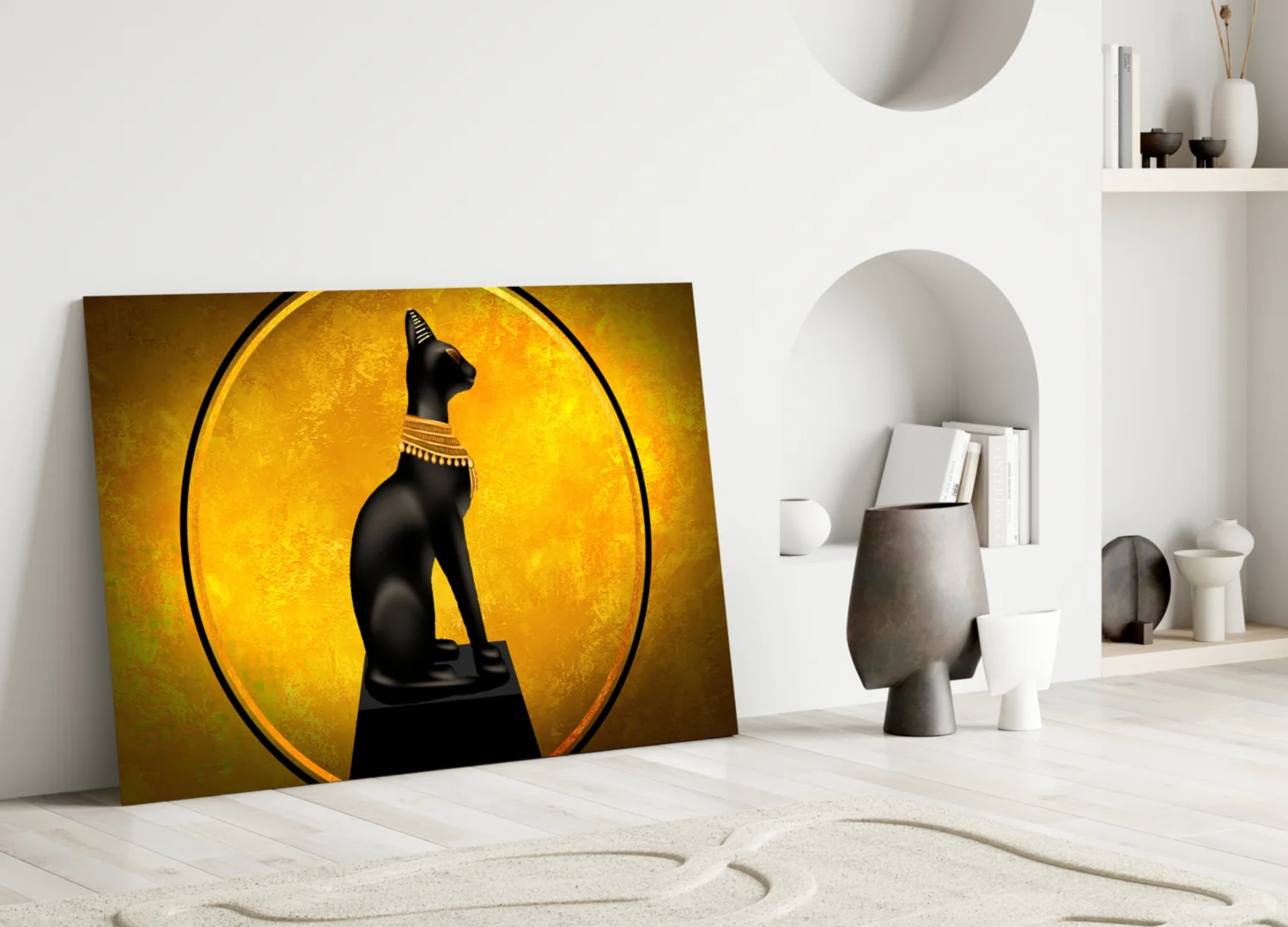 Egyptian Cat Statue Gold Moon Glass Wall Art - Image 4