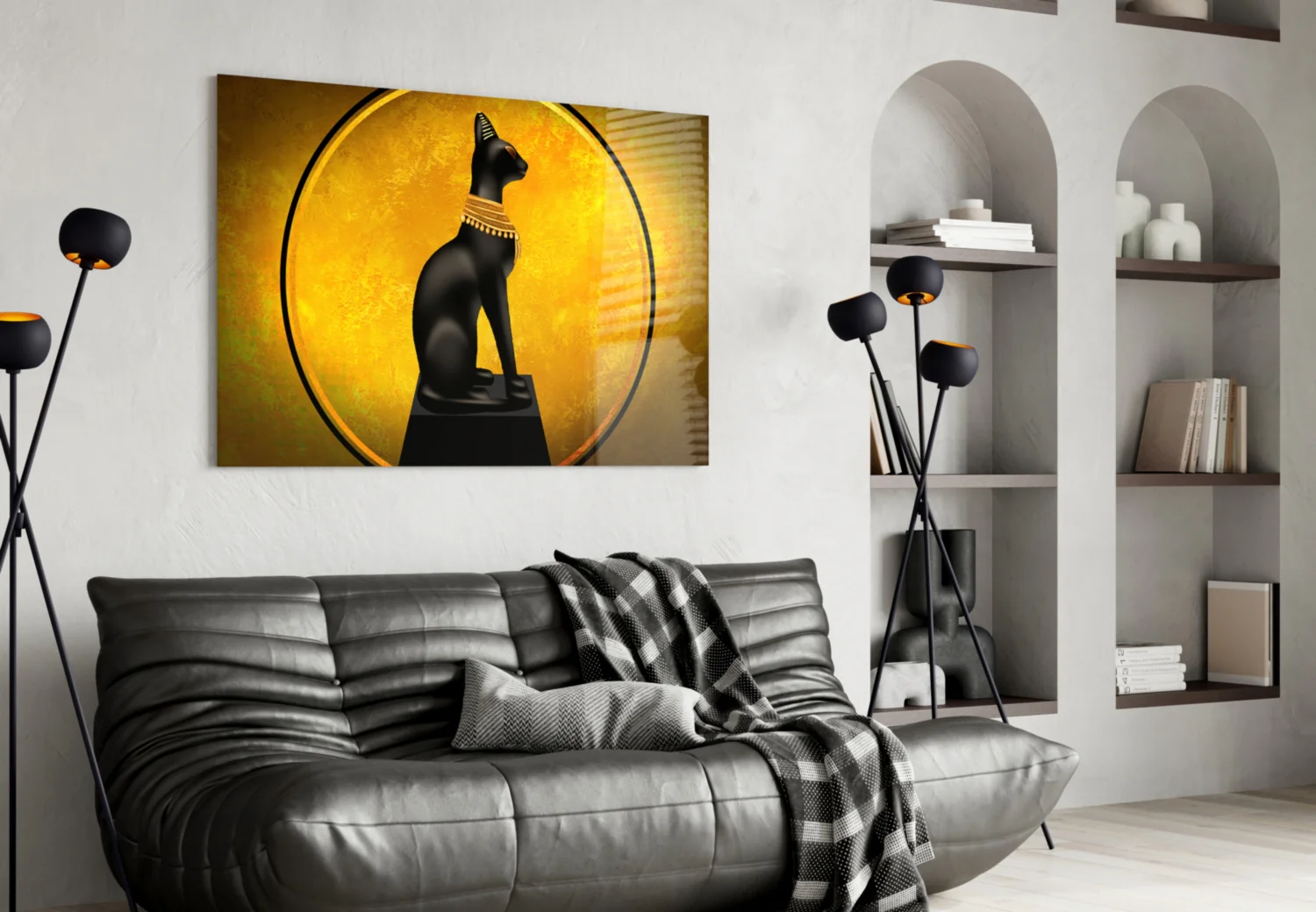 Egyptian Cat Statue Gold Moon Glass Wall Art - Image 5