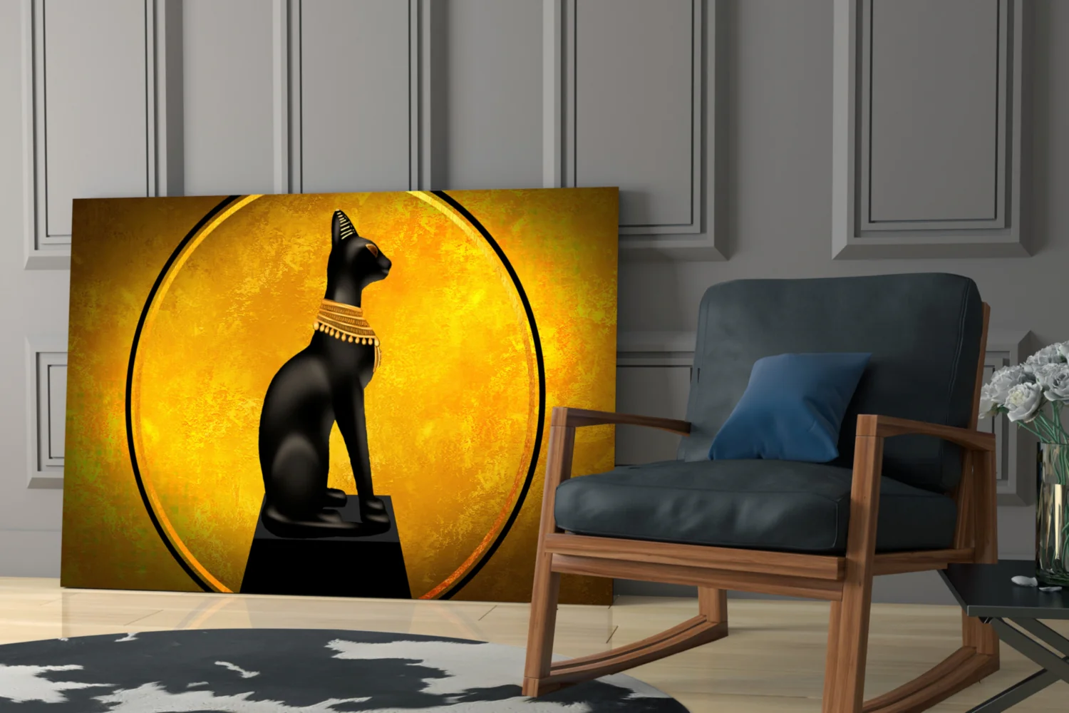 Egyptian Cat Statue Gold Moon Glass Wall Art - Image 7