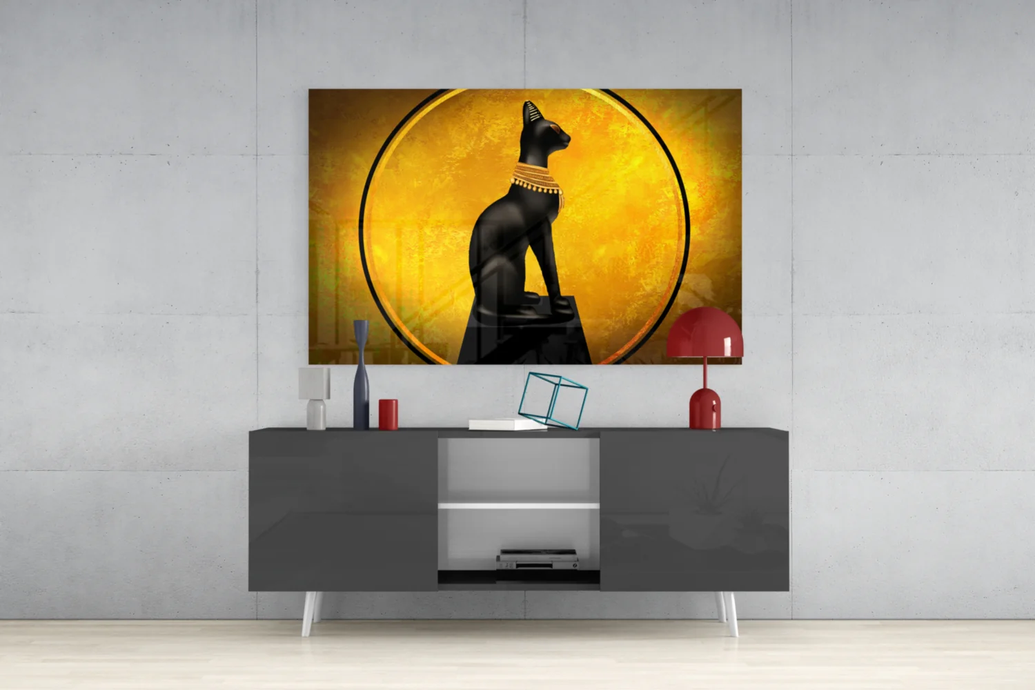 Egyptian Cat Statue Gold Moon Glass Wall Art - Image 9