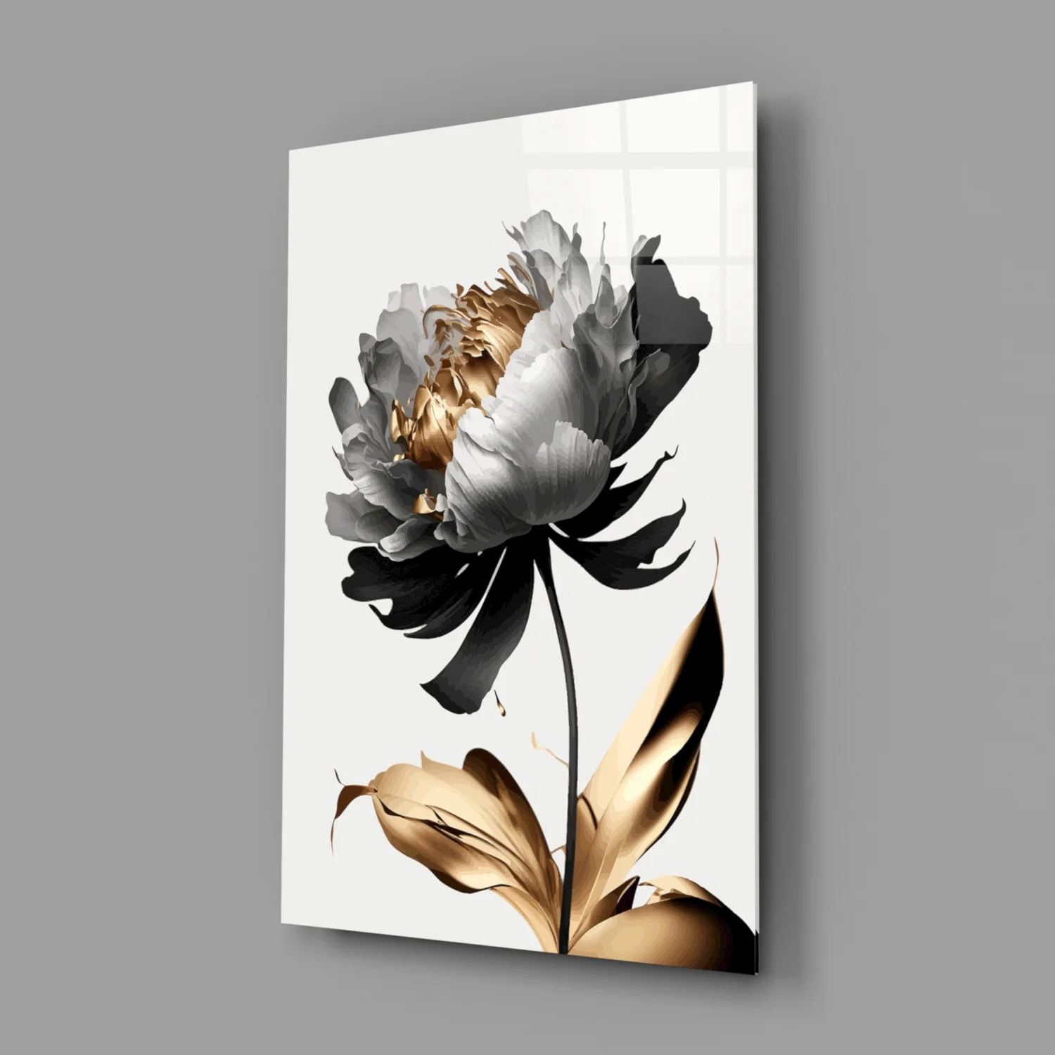 Elegant Black & Gold Peony Glass Wall Art - Image 2