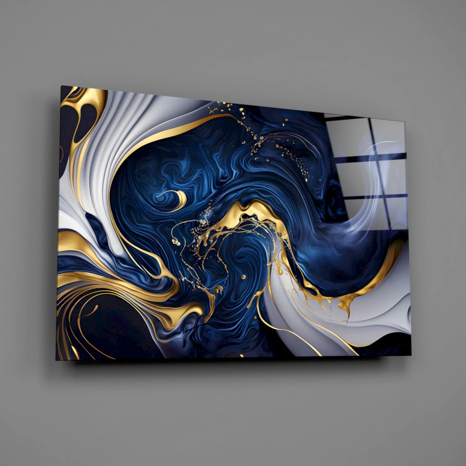 Elegant Gold Swirls on Midnight Blue Glass Wall Art - Image 2