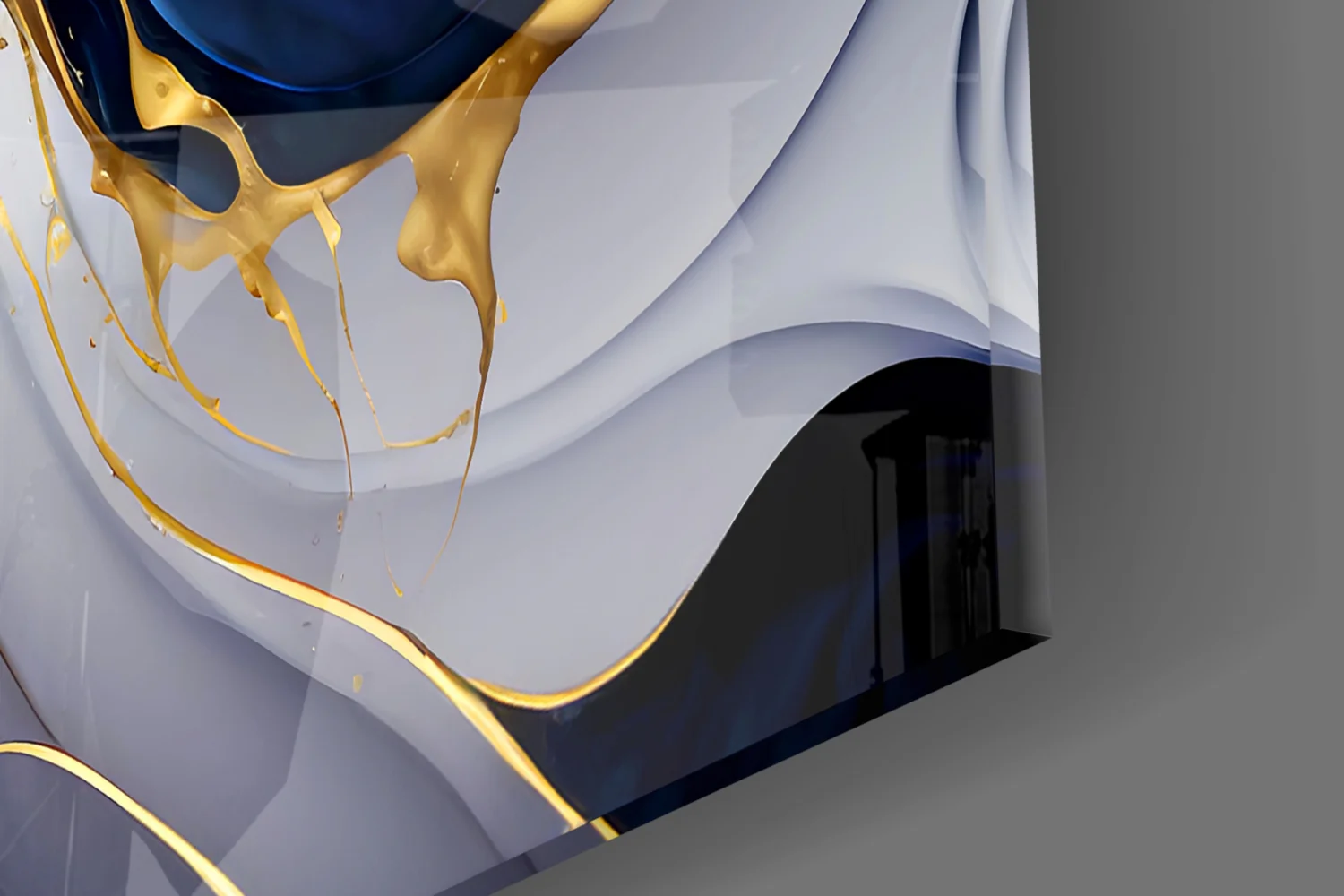 Elegant Gold Swirls on Midnight Blue Glass Wall Art - Image 3