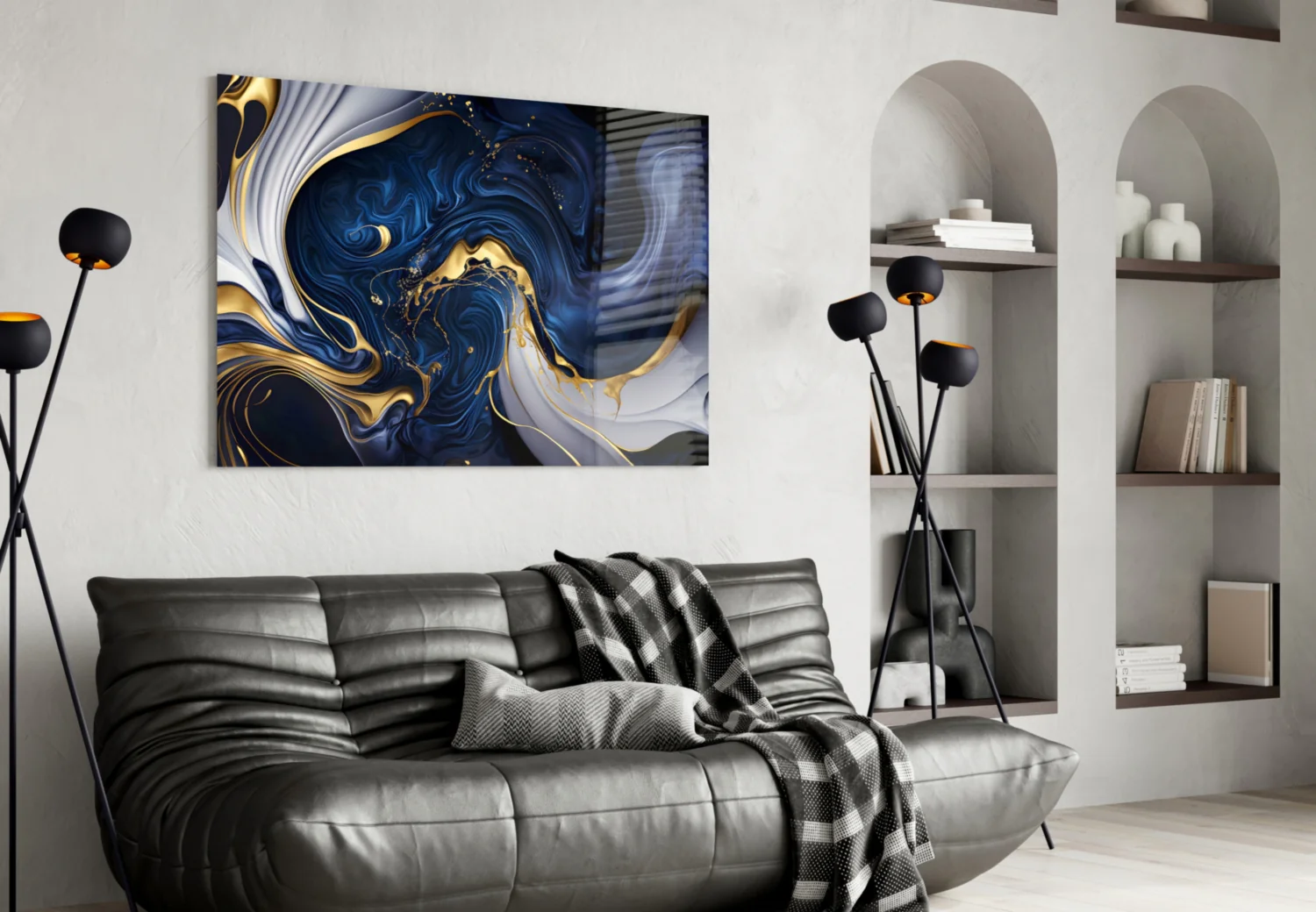 Elegant Gold Swirls on Midnight Blue Glass Wall Art - Image 4