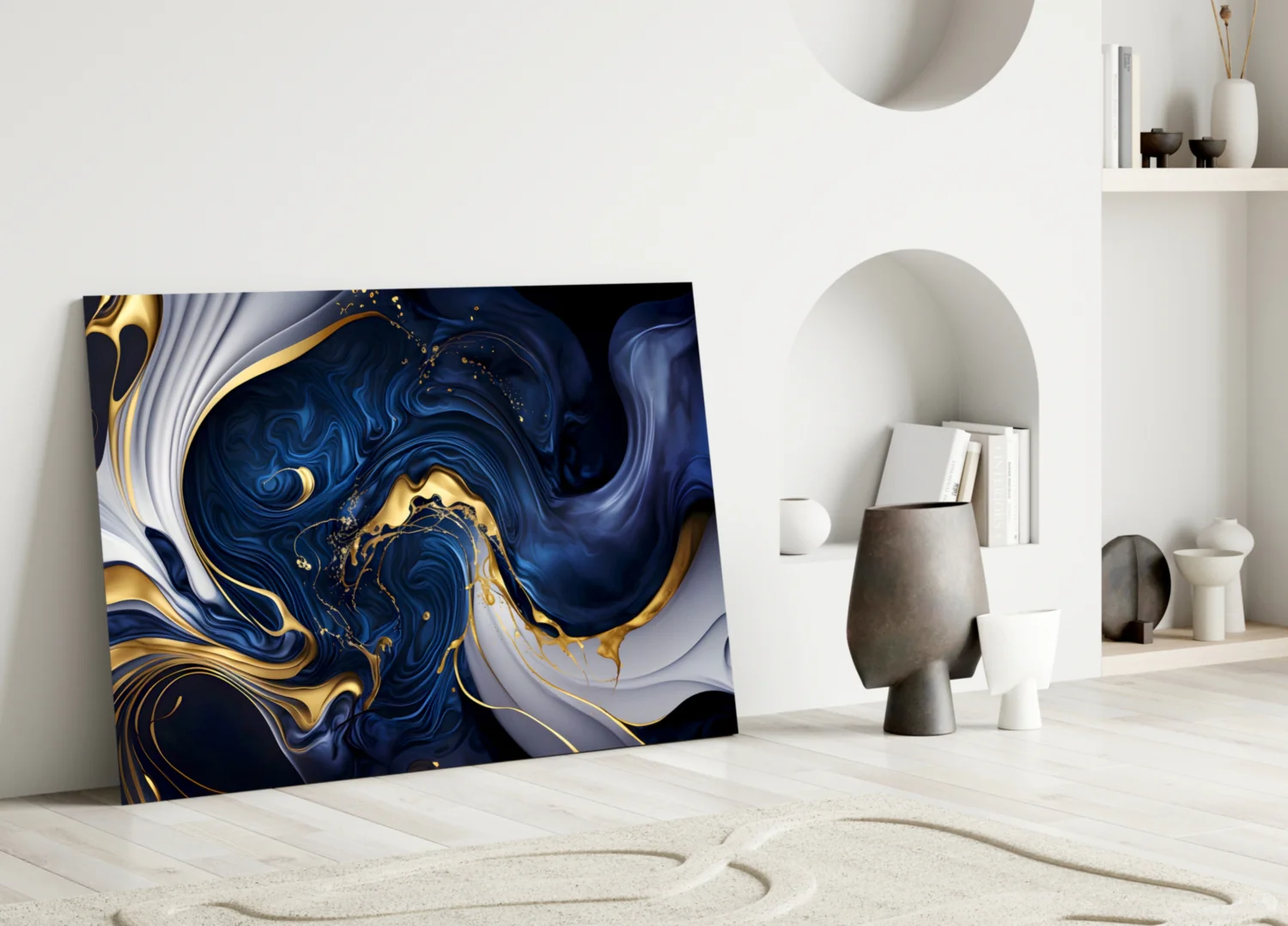 Elegant Gold Swirls on Midnight Blue Glass Wall Art - Image 5