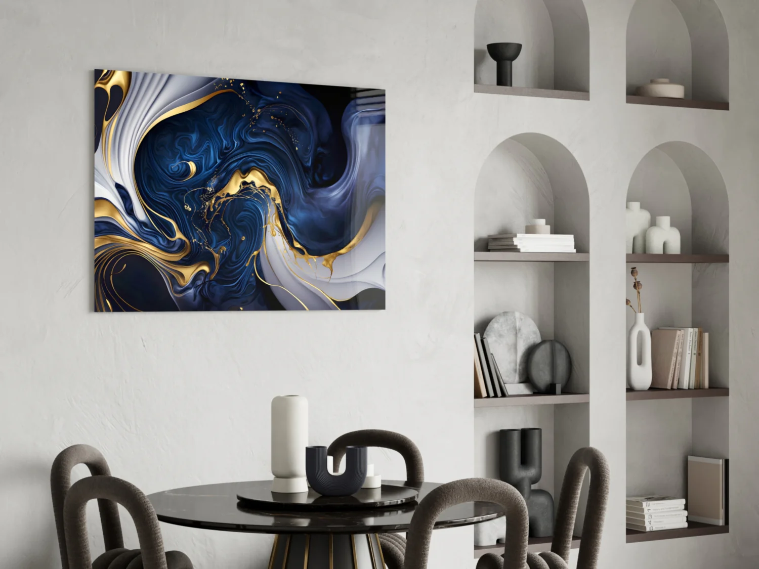 Elegant Gold Swirls on Midnight Blue Glass Wall Art - Image 6
