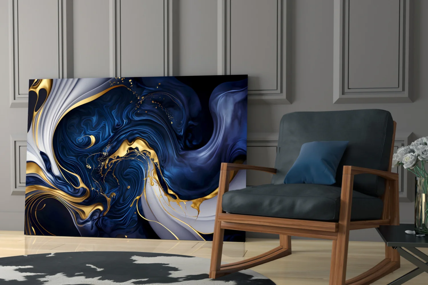 Elegant Gold Swirls on Midnight Blue Glass Wall Art - Image 7