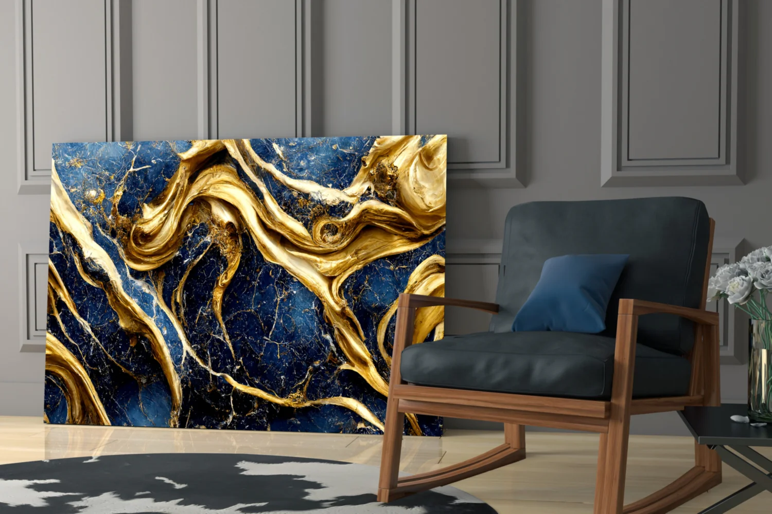 Elegant Gold Swirls on Navy Glass Wall Art - Image 7